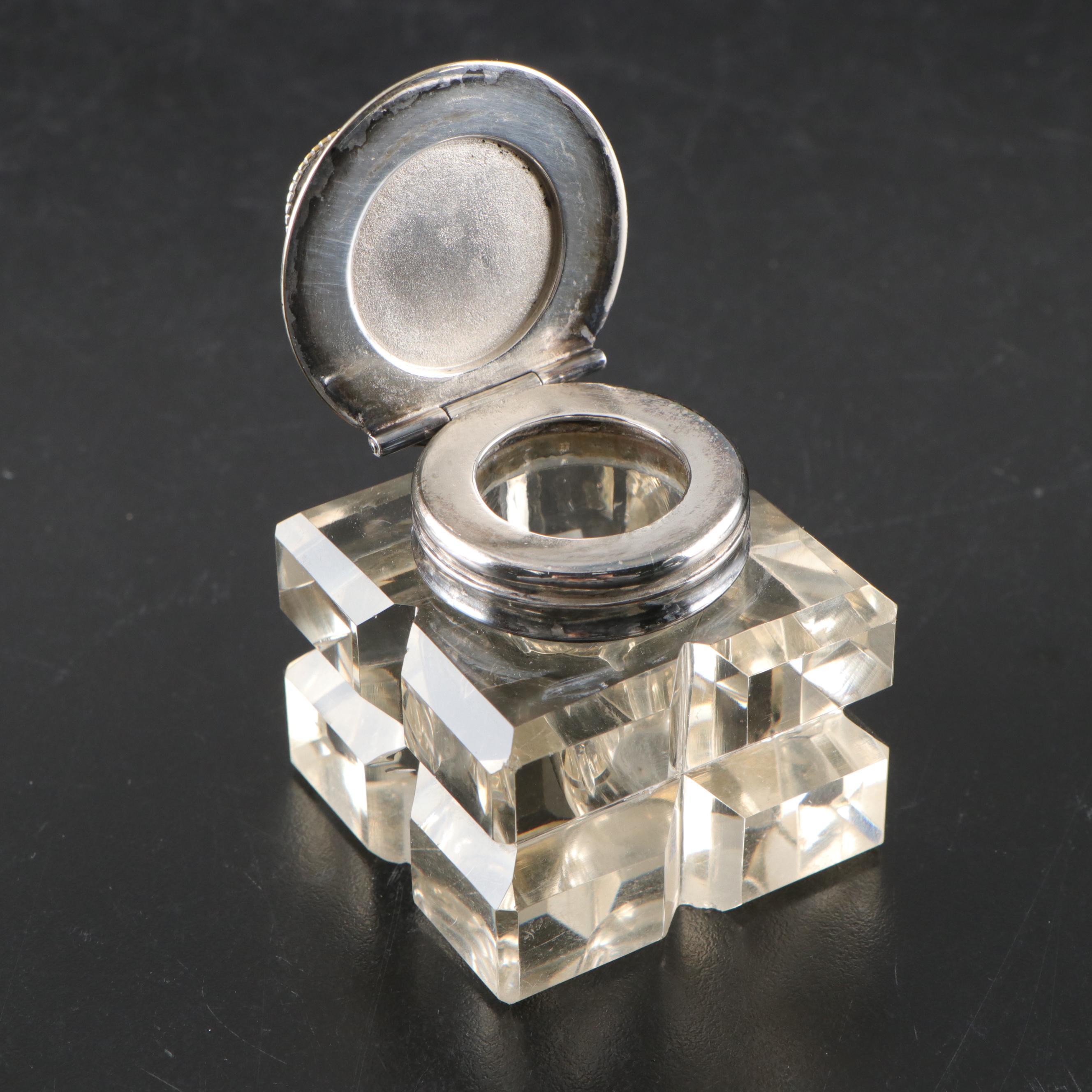 Rococo Style Repoussé Silver Plate and Cut Glass Double Inkwell Standish