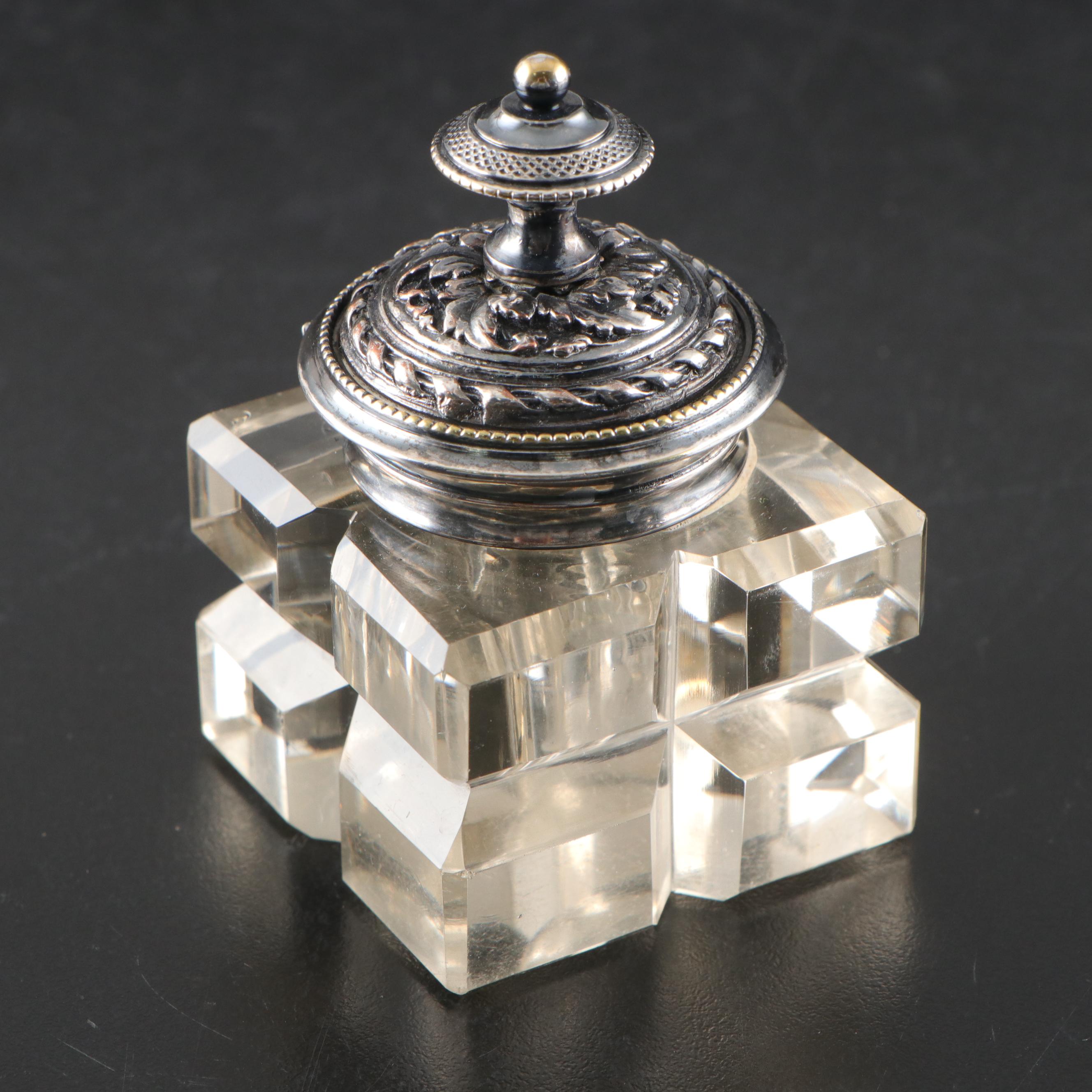 Rococo Style Repoussé Silver Plate and Cut Glass Double Inkwell Standish