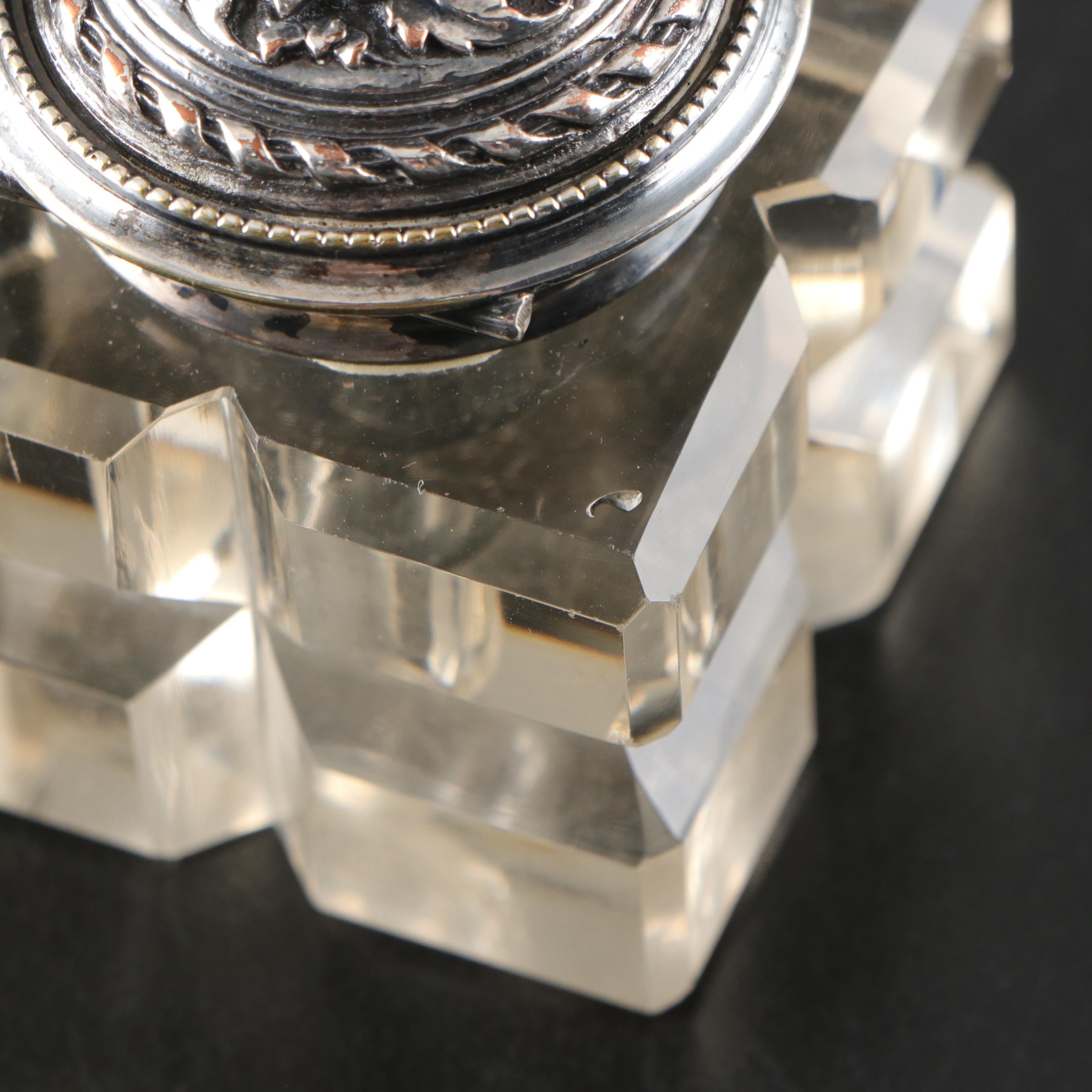 Rococo Style Repoussé Silver Plate and Cut Glass Double Inkwell Standish