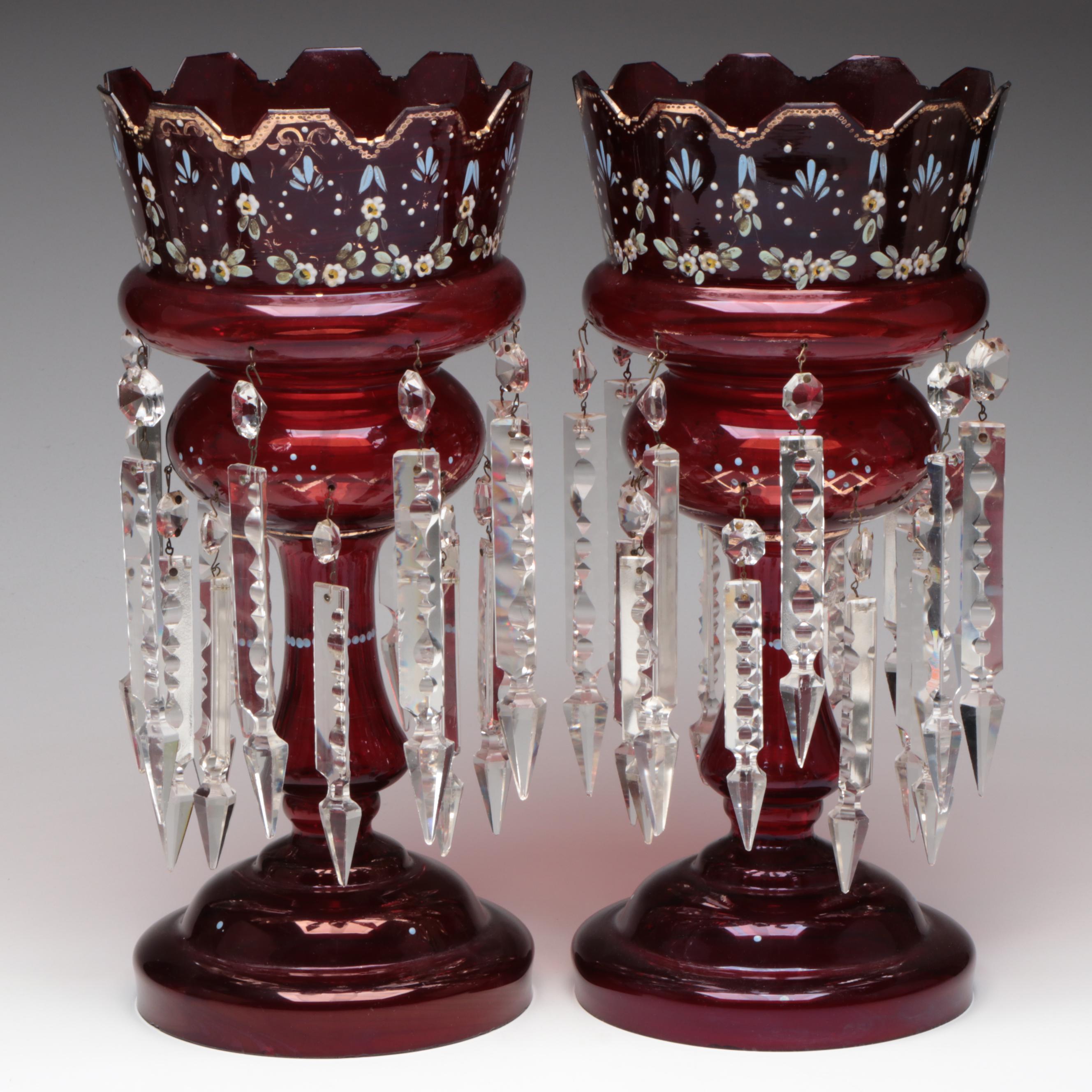 Victorian Style Enameled Ruby Glass Mantel Lusters