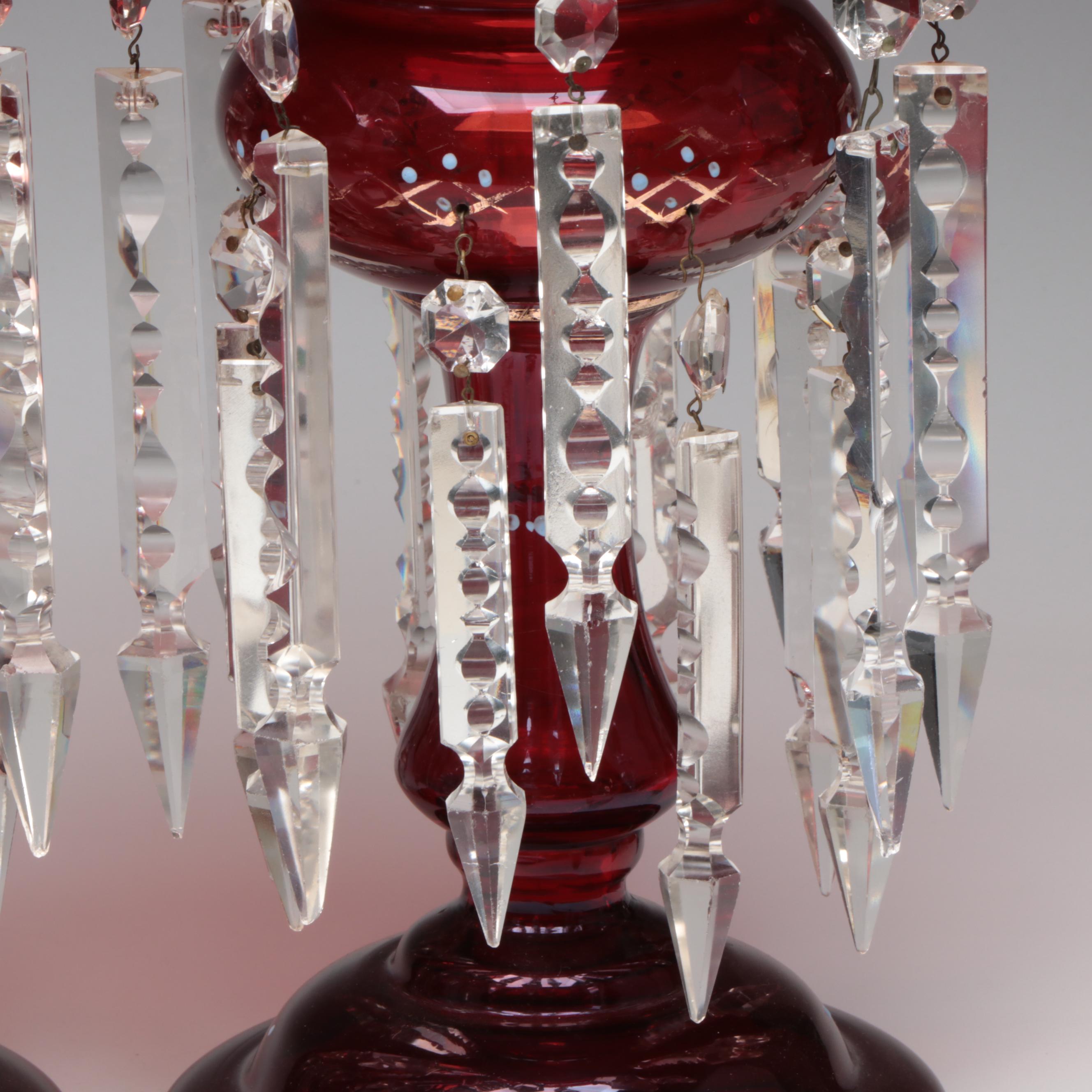 Victorian Style Enameled Ruby Glass Mantel Lusters
