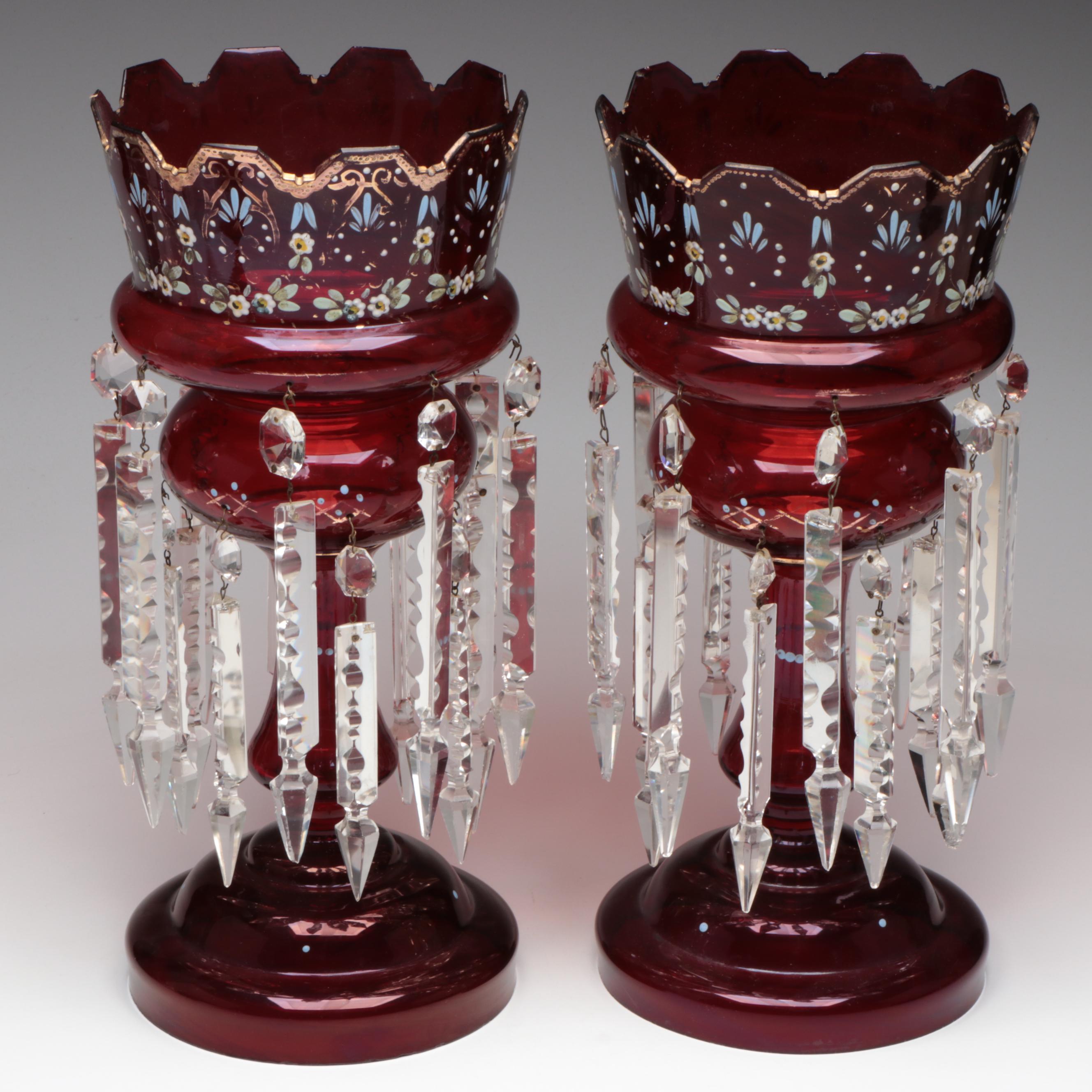Victorian Style Enameled Ruby Glass Mantel Lusters