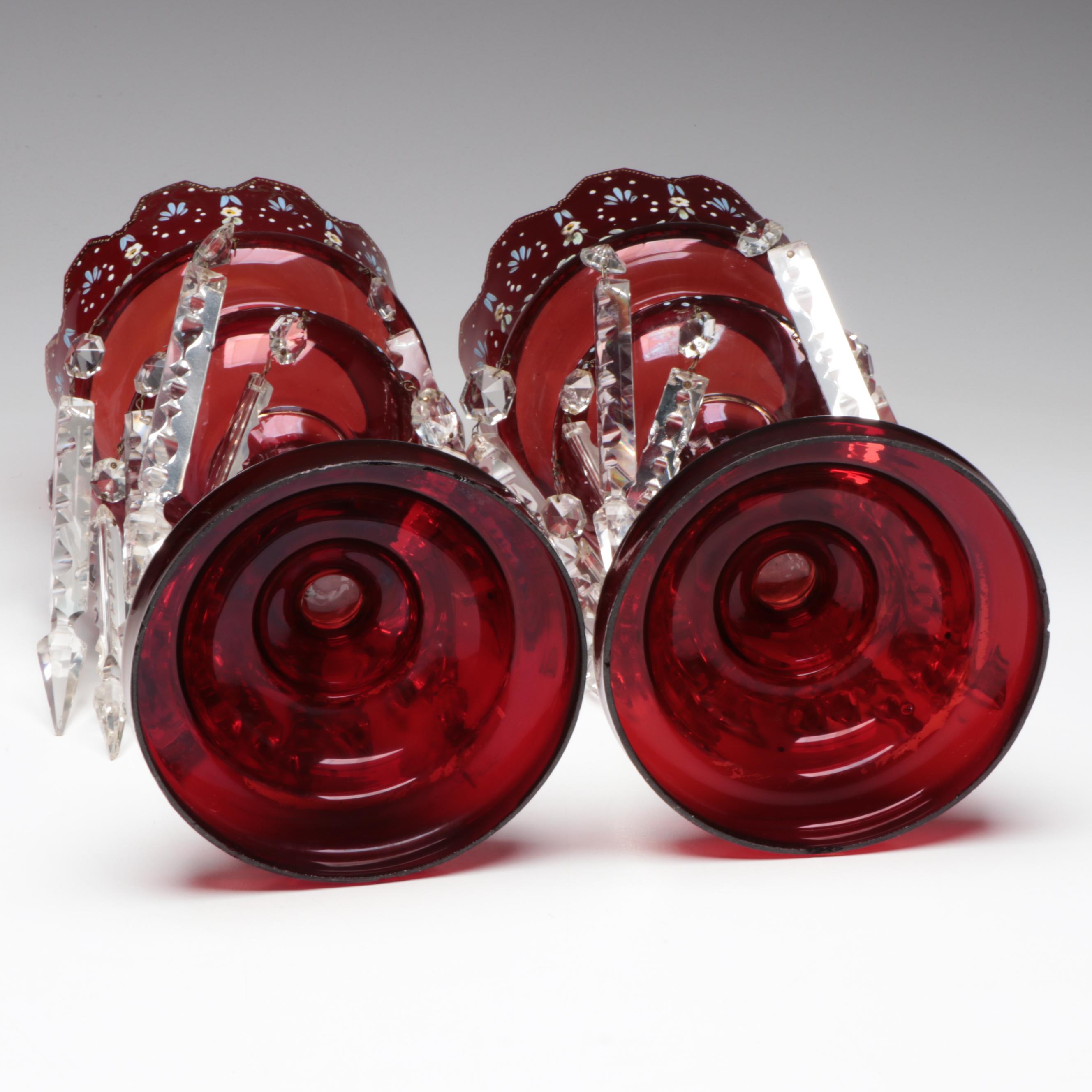 Victorian Style Enameled Ruby Glass Mantel Lusters