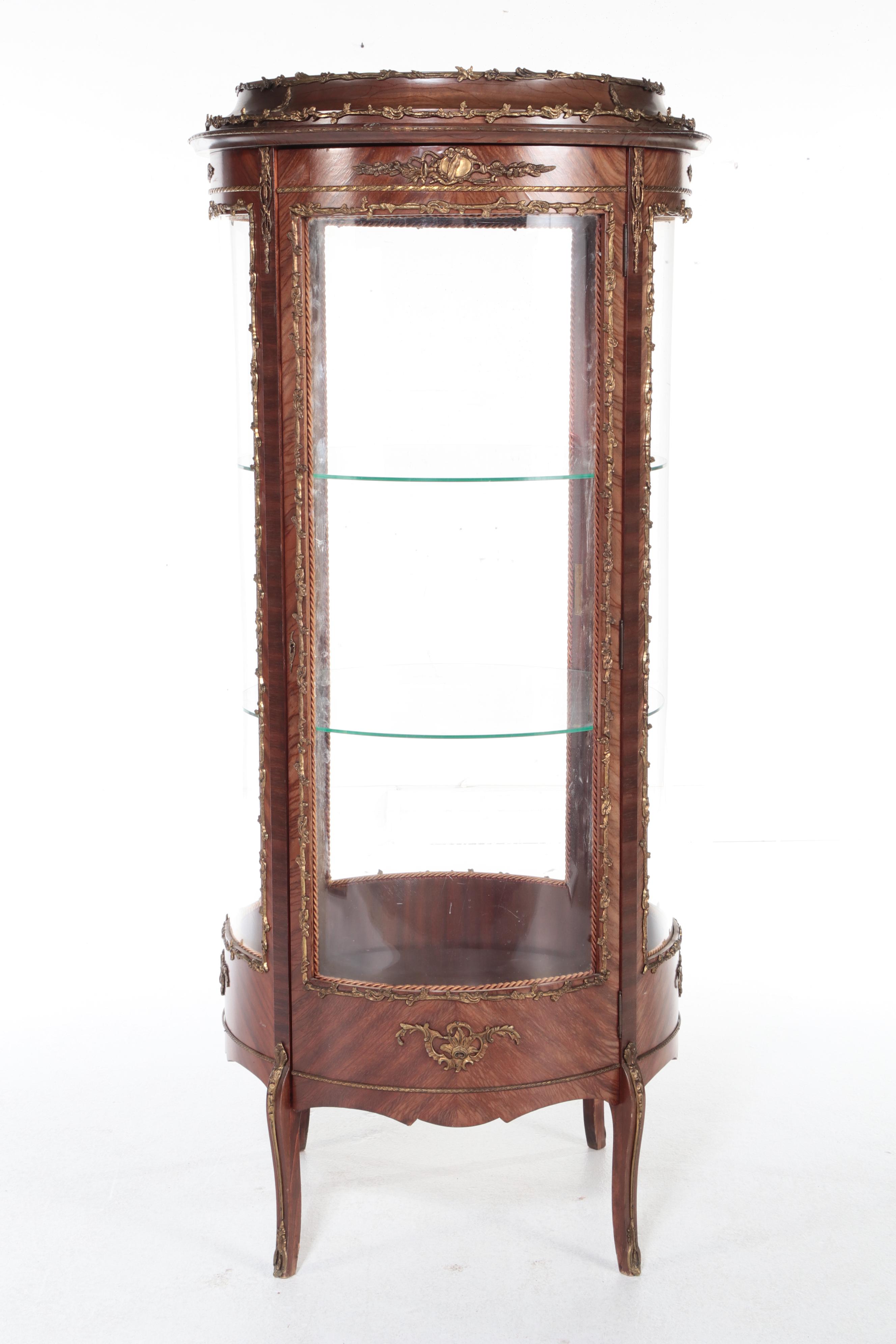 French Louis XVI Ormolu Mounted Walnut Round Vitrine, Late 19th/ Early 20th C.
