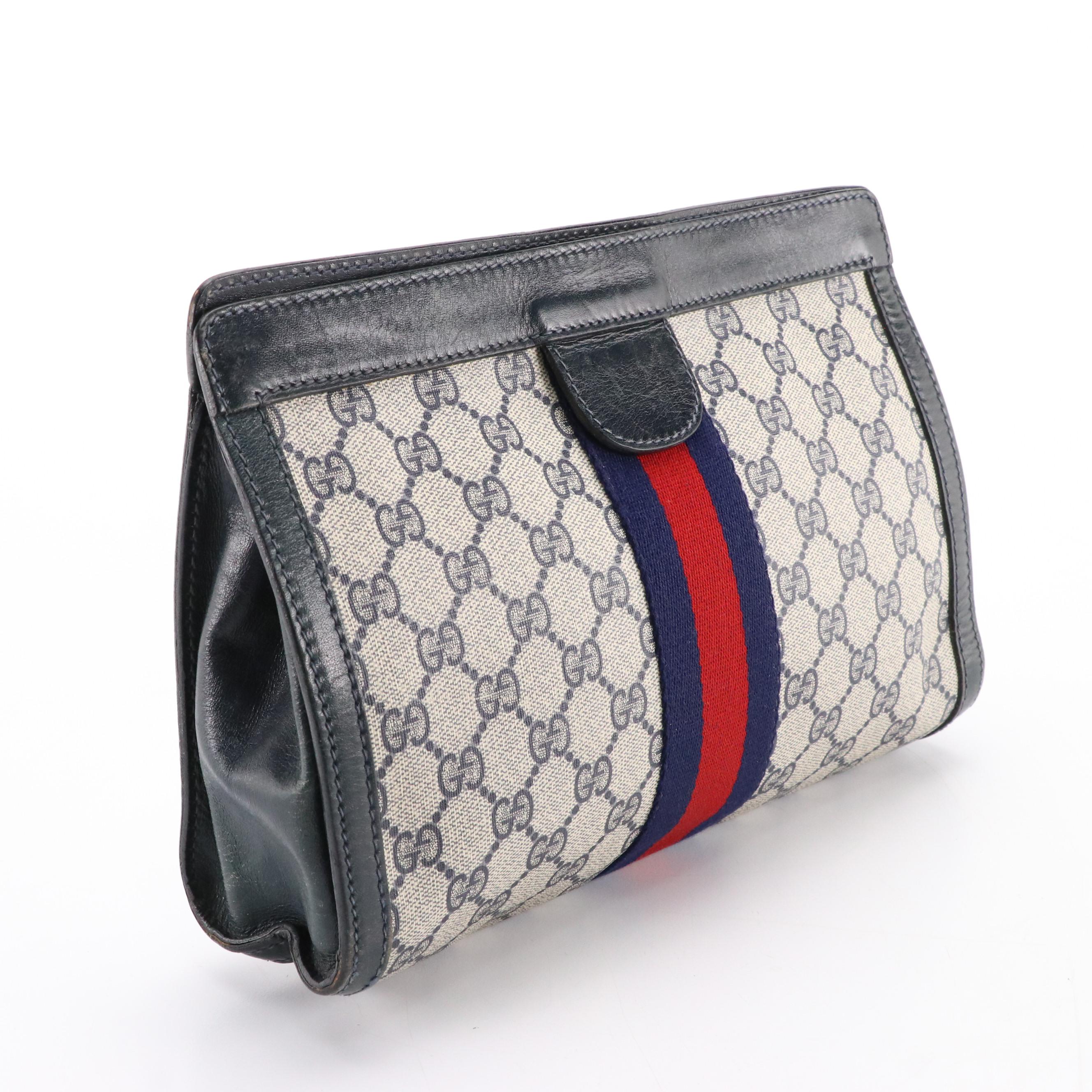 Gucci Parfums Velcro Clutch in Navy GG Supreme Canvas & Leather with Web Stripe