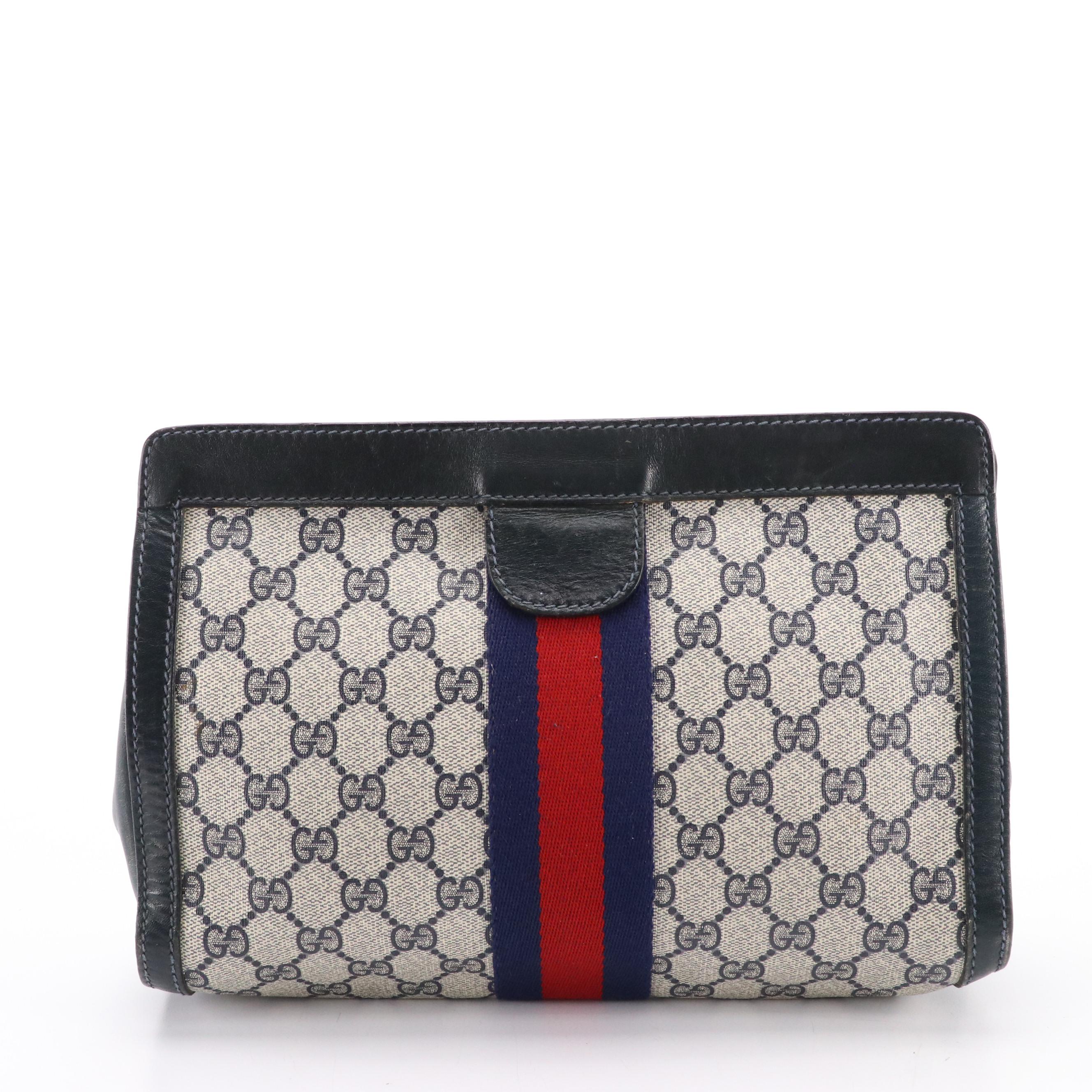 Gucci Parfums Velcro Clutch in Navy GG Supreme Canvas & Leather with Web Stripe