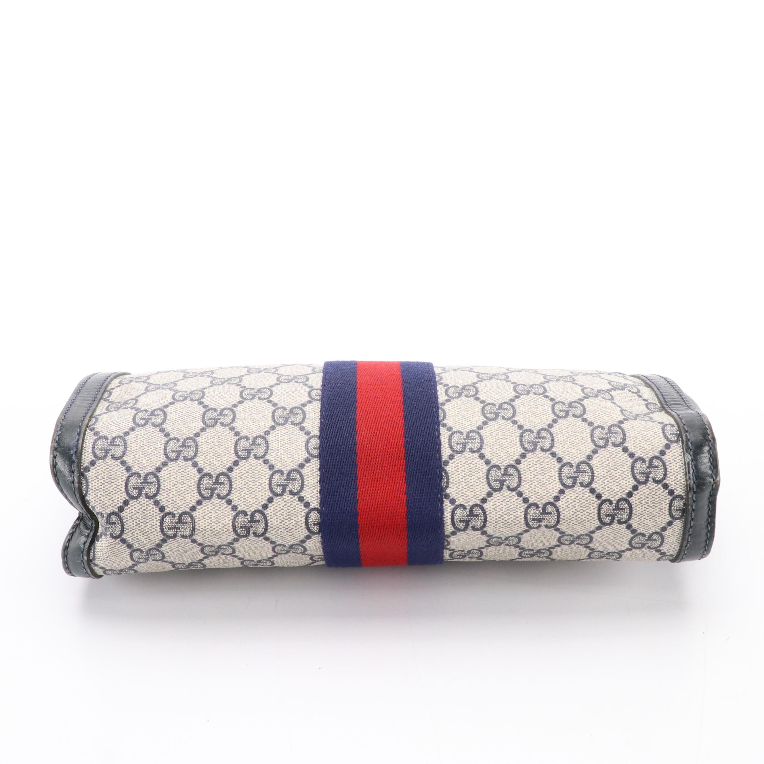Gucci Parfums Velcro Clutch in Navy GG Supreme Canvas & Leather with Web Stripe