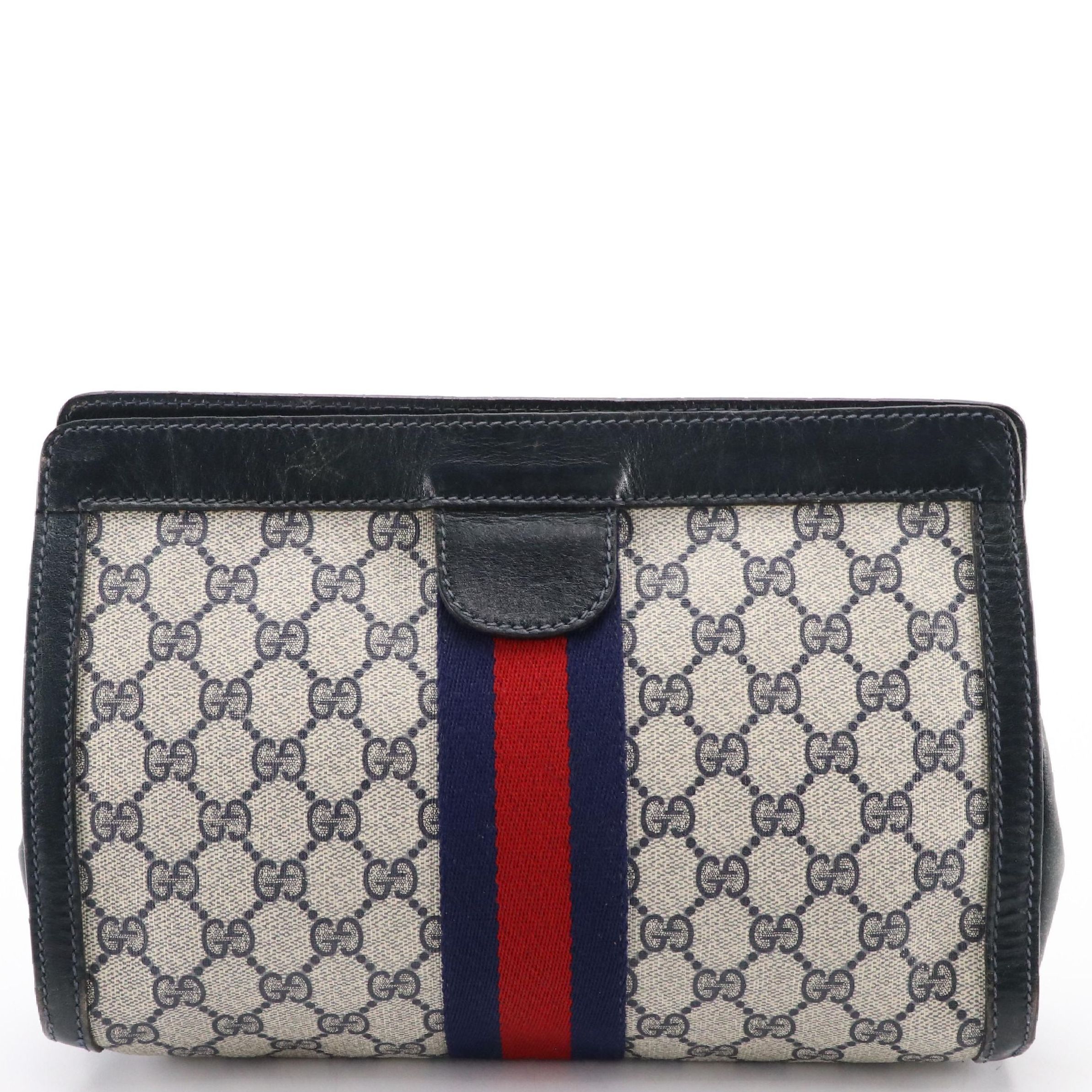 Gucci Parfums Velcro Clutch in Navy GG Supreme Canvas & Leather with Web Stripe