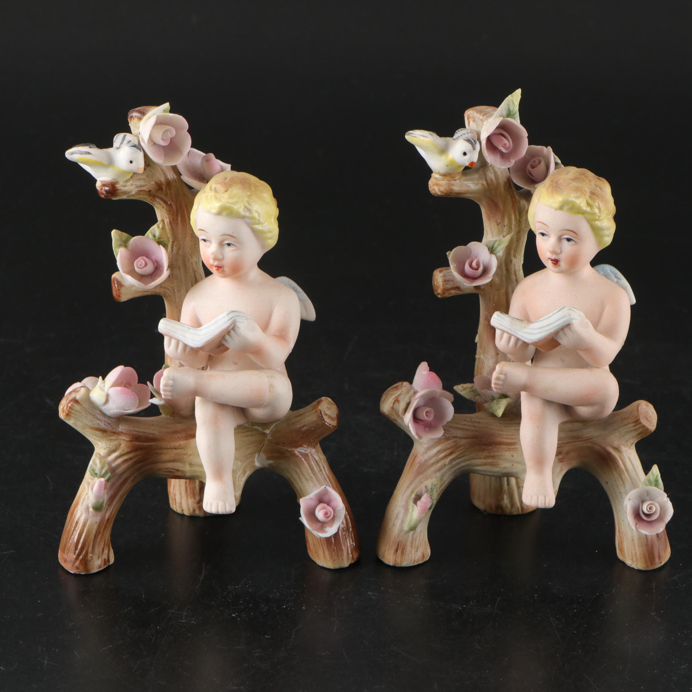 Japanese Porcelain Cherub Figures and Vanity Trays with Limoges Jar and More