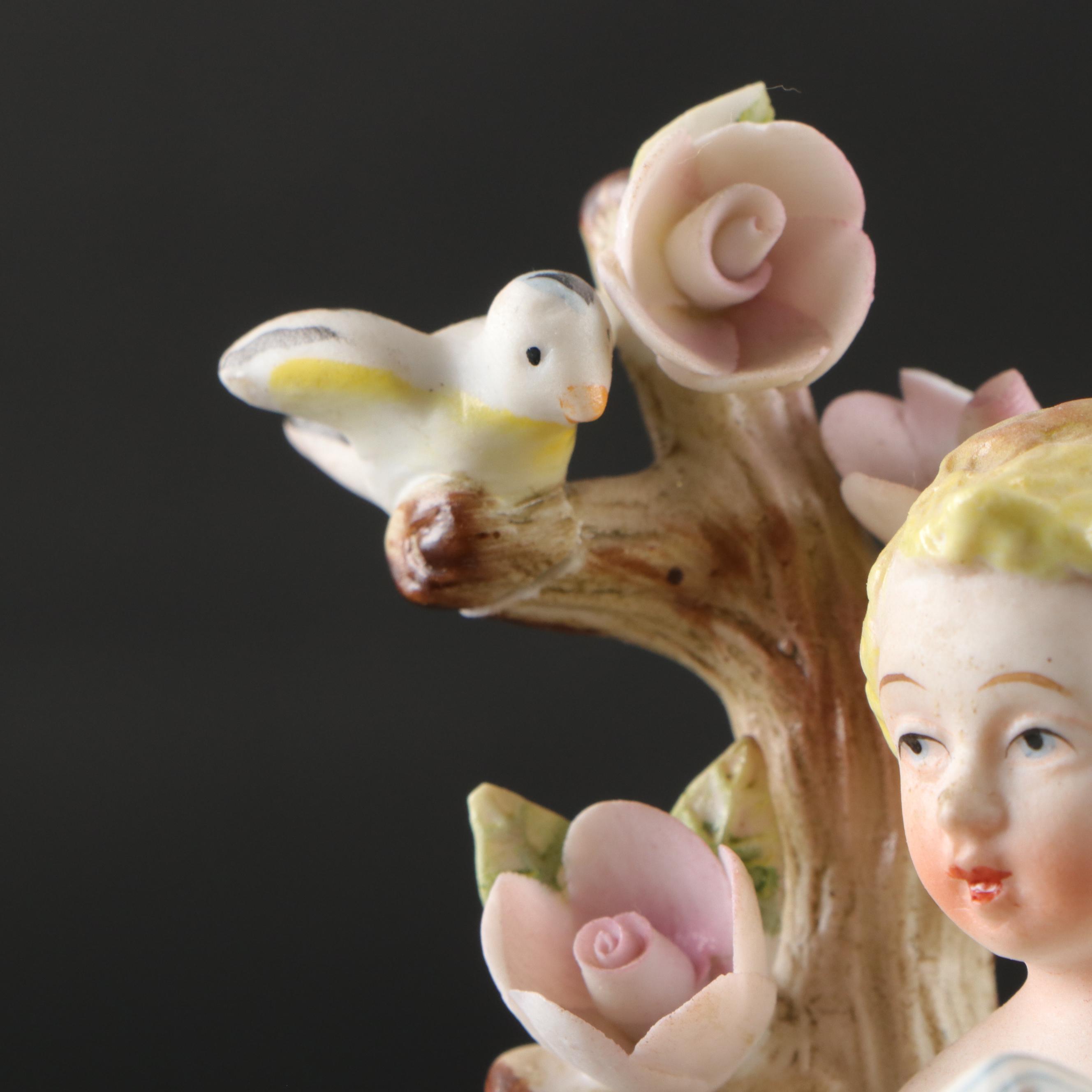 Japanese Porcelain Cherub Figures and Vanity Trays with Limoges Jar and More