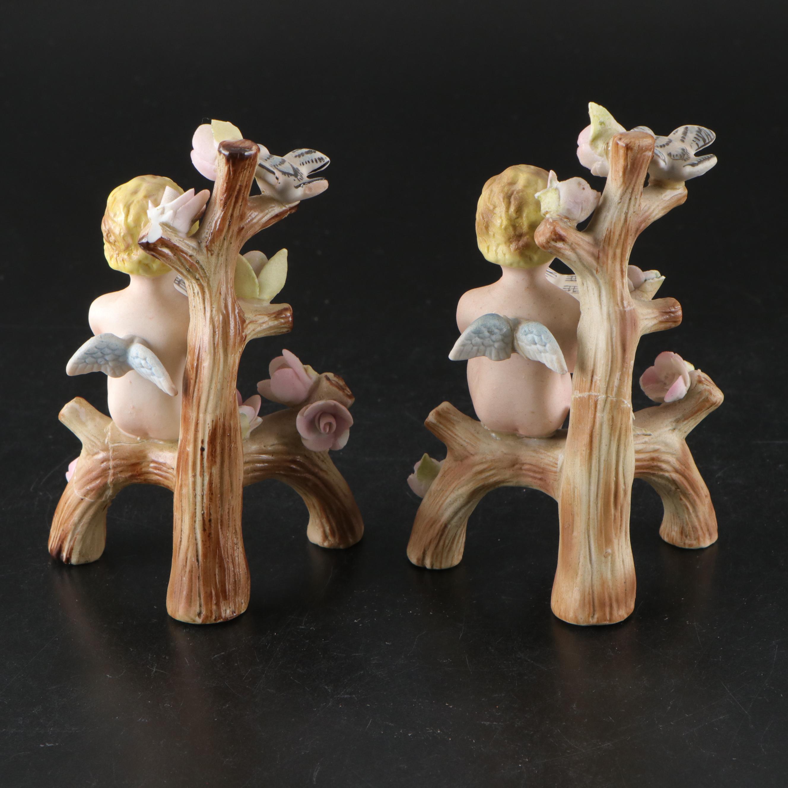 Japanese Porcelain Cherub Figures and Vanity Trays with Limoges Jar and More