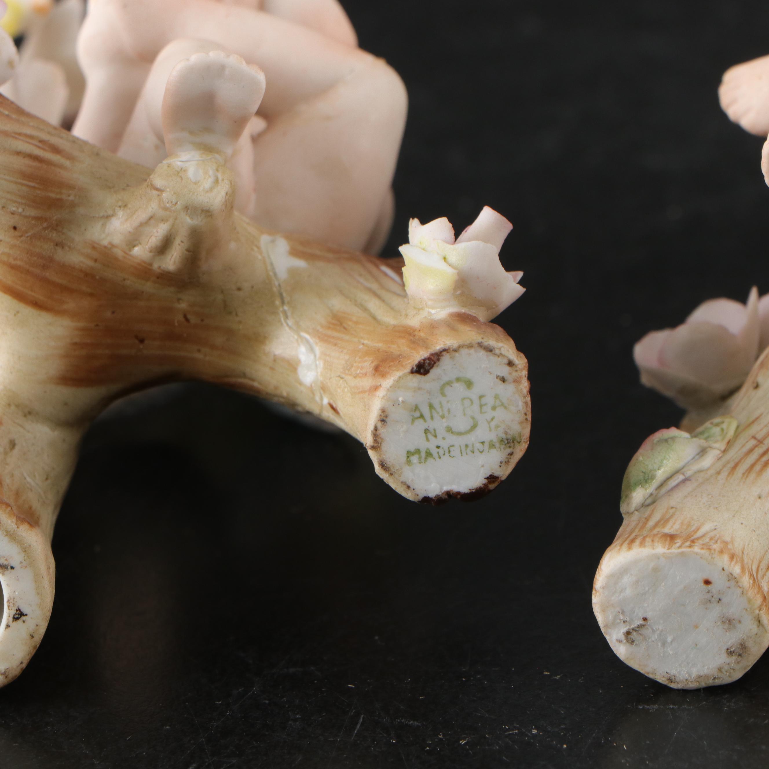 Japanese Porcelain Cherub Figures and Vanity Trays with Limoges Jar and More