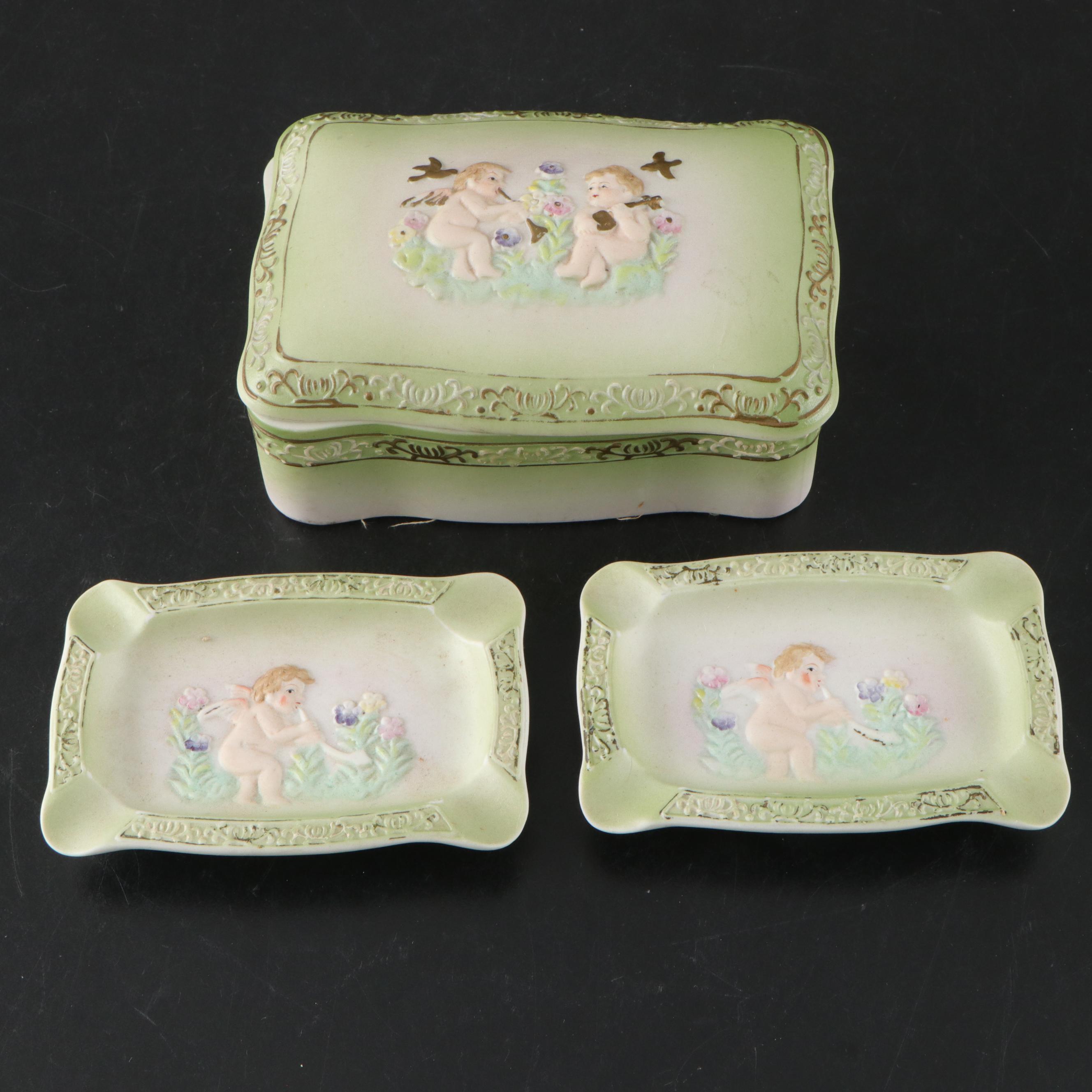 Japanese Porcelain Cherub Figures and Vanity Trays with Limoges Jar and More