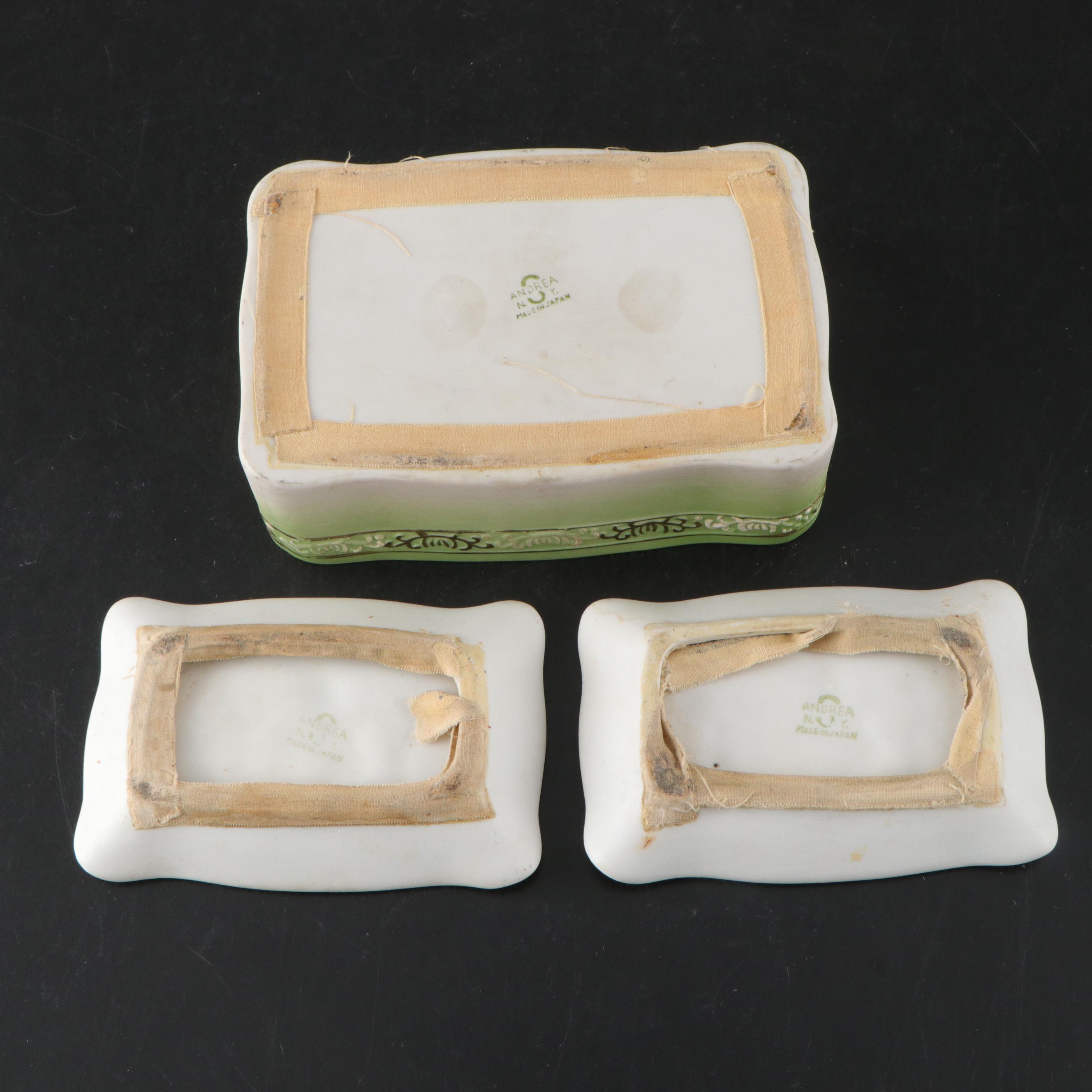 Japanese Porcelain Cherub Figures and Vanity Trays with Limoges Jar and More