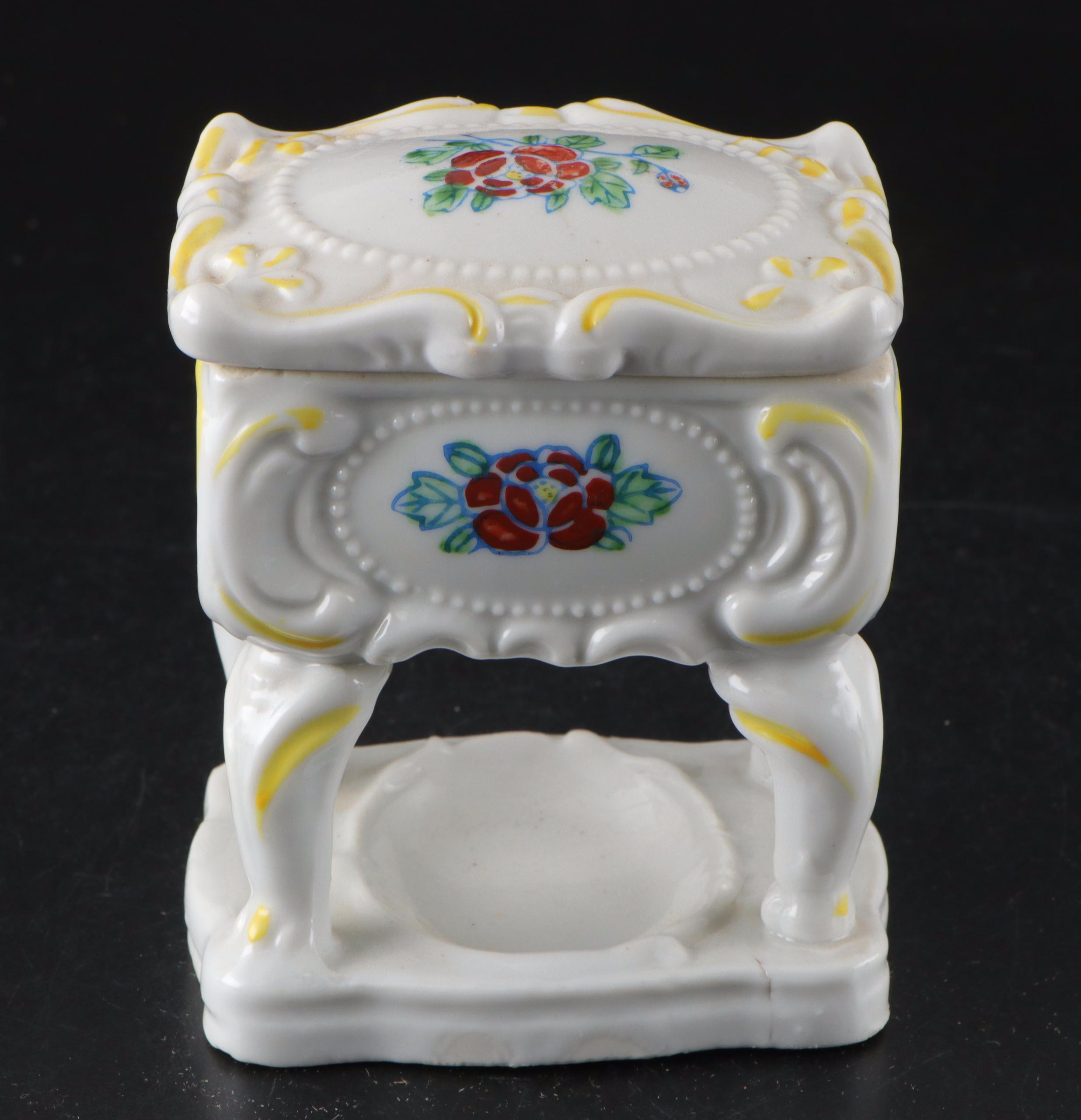 Japanese Porcelain Cherub Figures and Vanity Trays with Limoges Jar and More