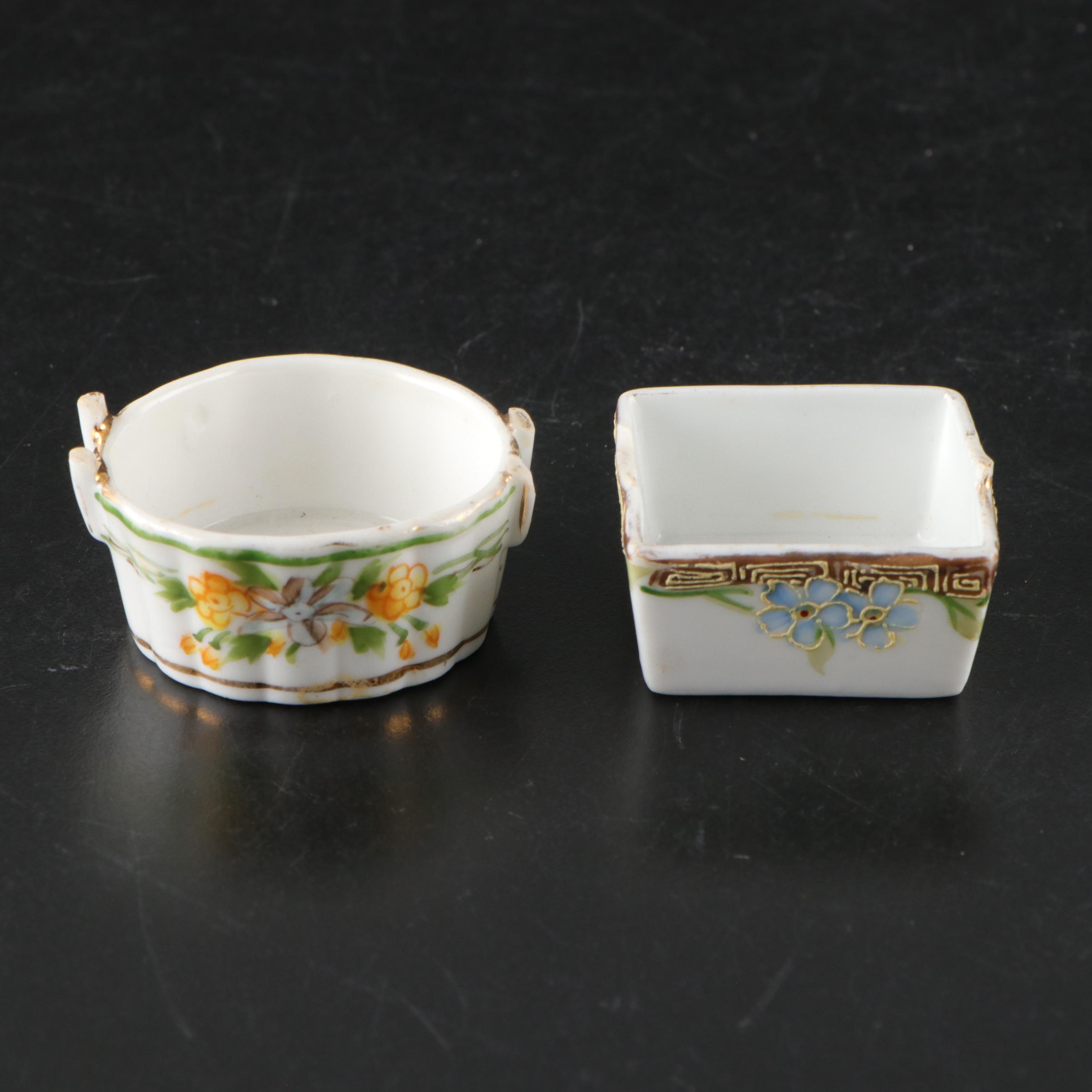 Japanese Porcelain Cherub Figures and Vanity Trays with Limoges Jar and More