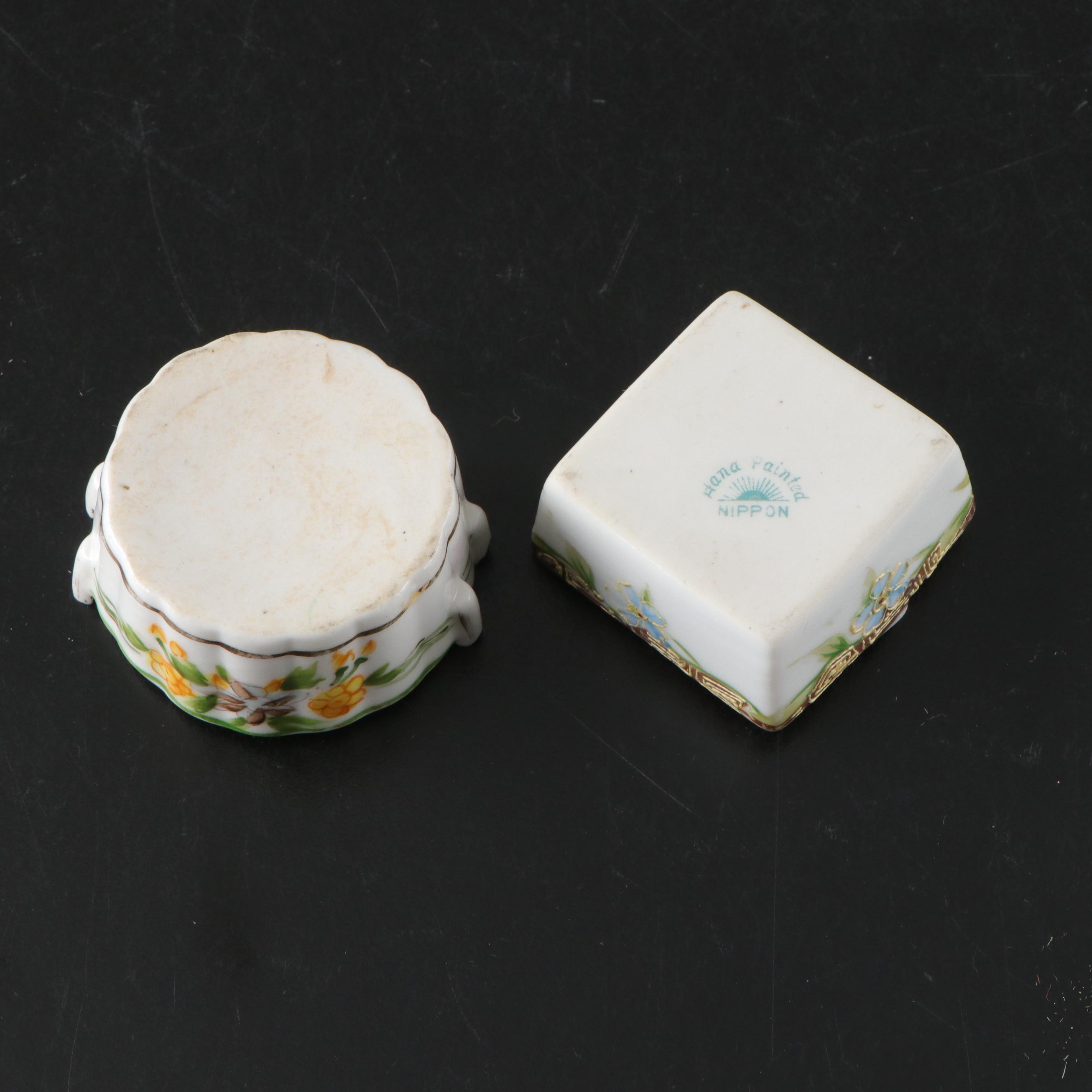 Japanese Porcelain Cherub Figures and Vanity Trays with Limoges Jar and More