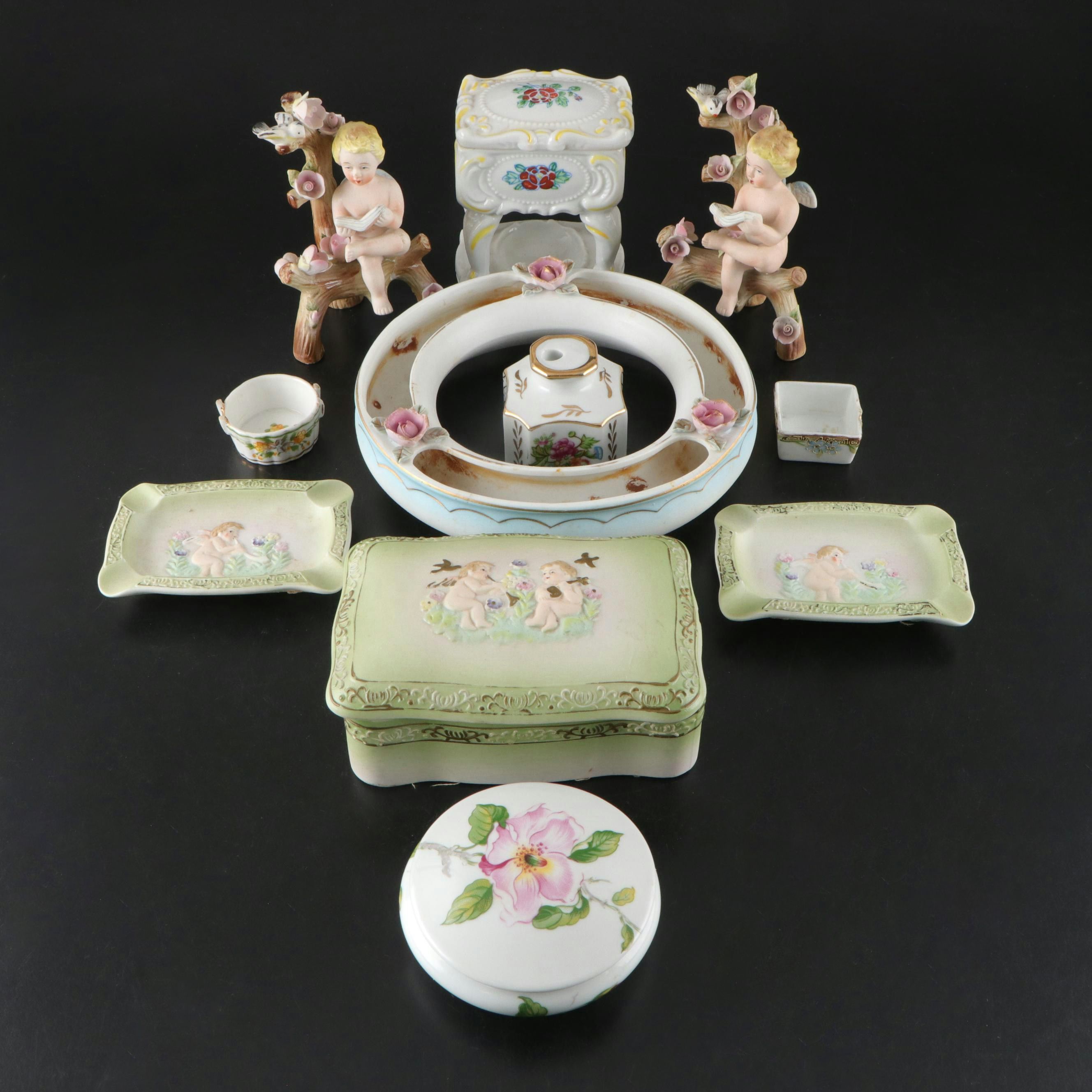 Japanese Porcelain Cherub Figures and Vanity Trays with Limoges Jar and More