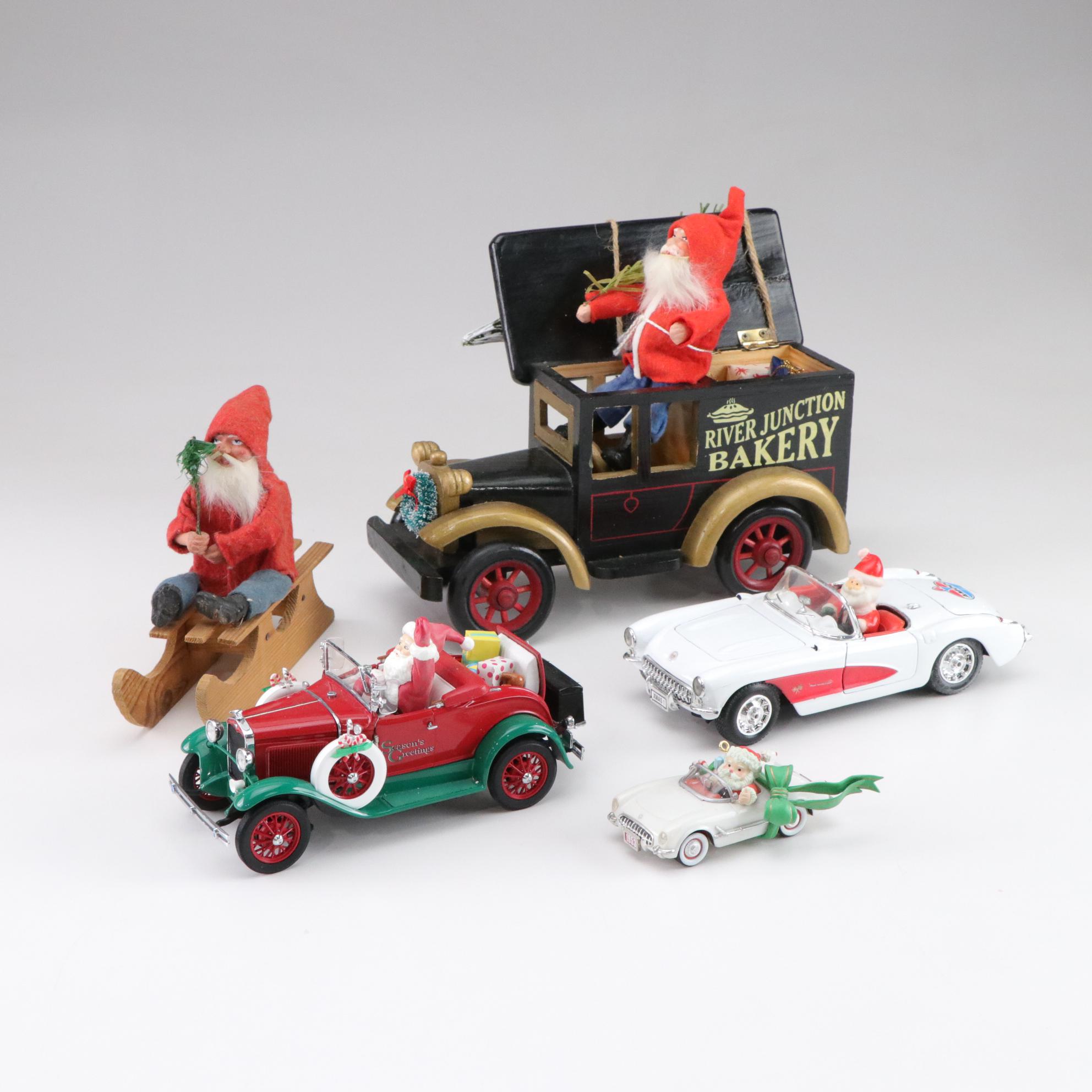 Santa Figurines in Classic Cars, Sleigh and More