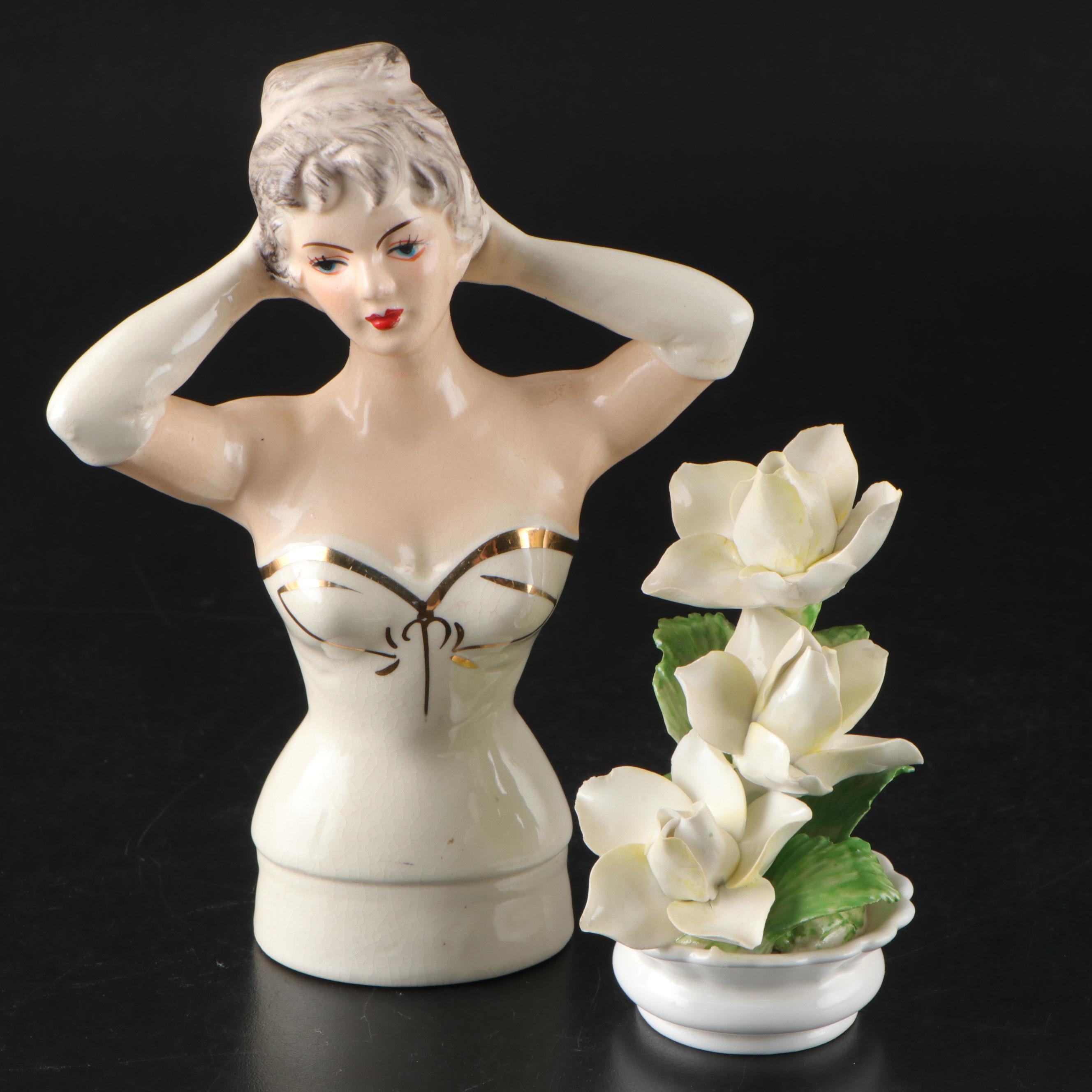 Radnor Bone China White Roses Figure & Japanese Porcelain Boudoir Lamp Half Doll