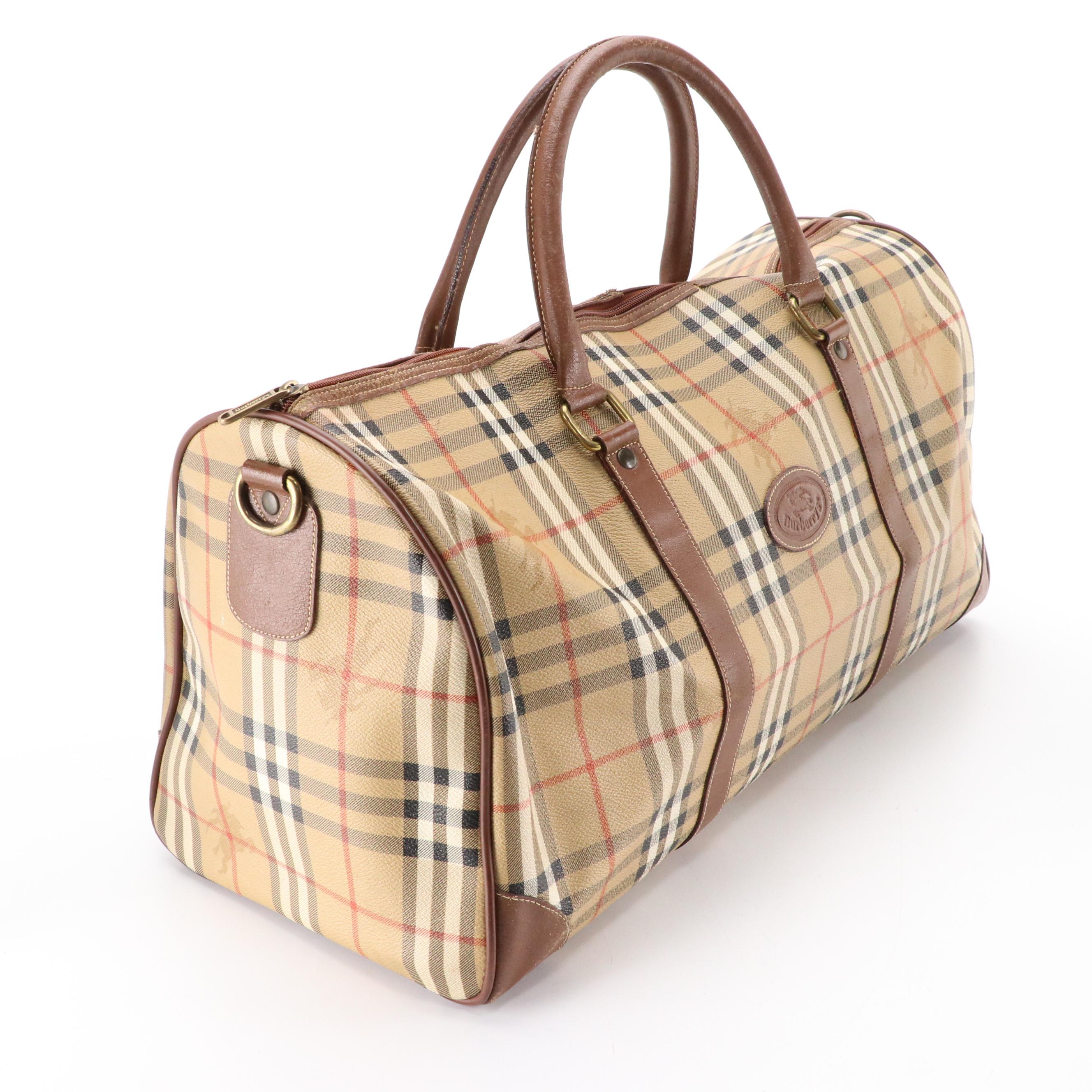 Burberrys Duffel Bag in Haymarket Check Canvas and Brown Leather