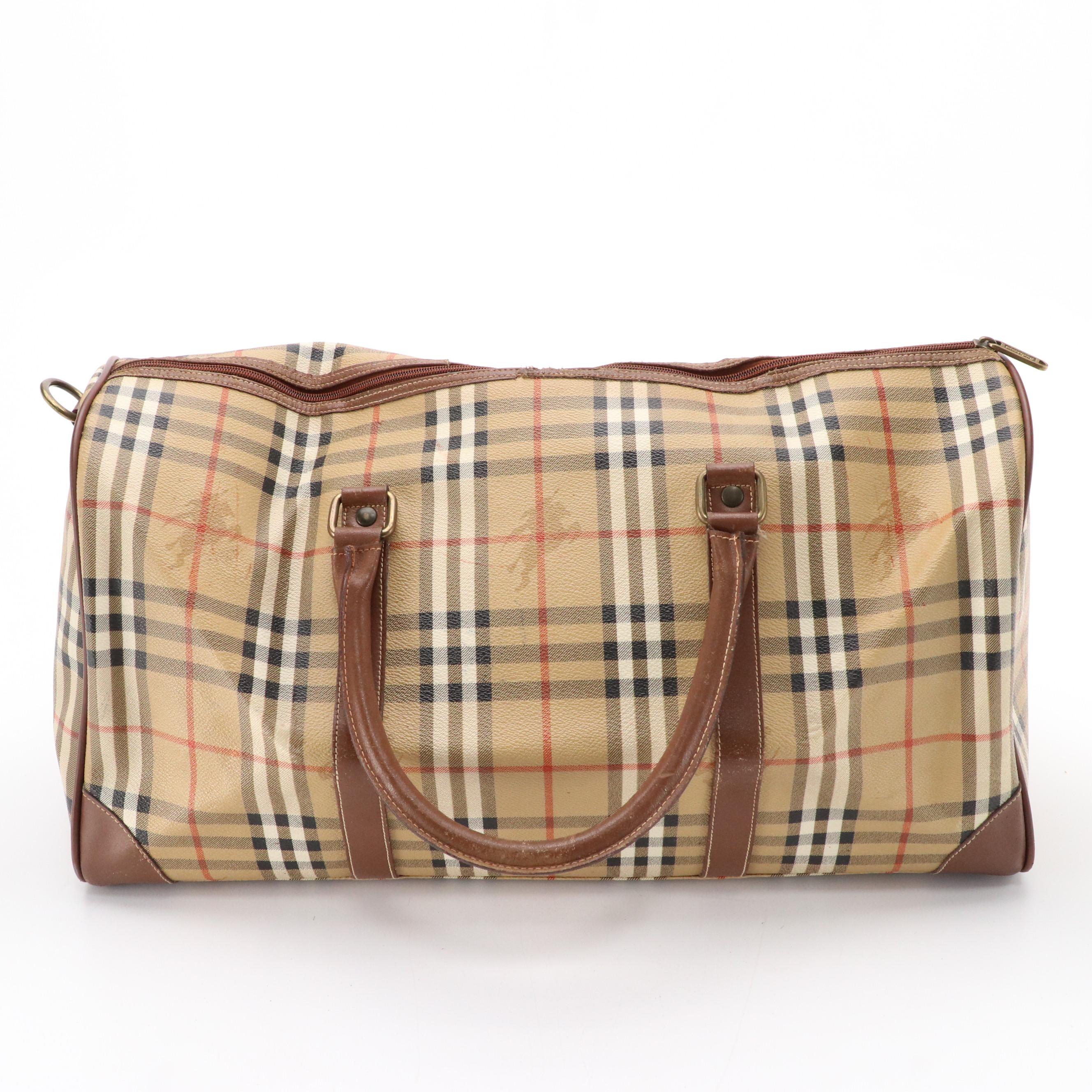 Burberrys Duffel Bag in Haymarket Check Canvas and Brown Leather