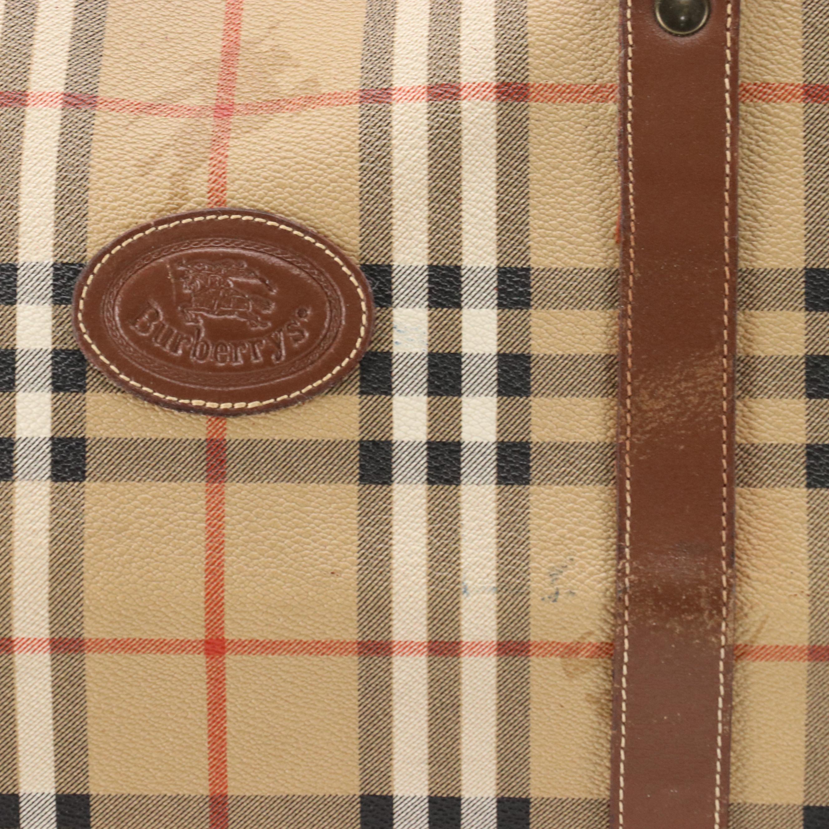 Burberrys Duffel Bag in Haymarket Check Canvas and Brown Leather