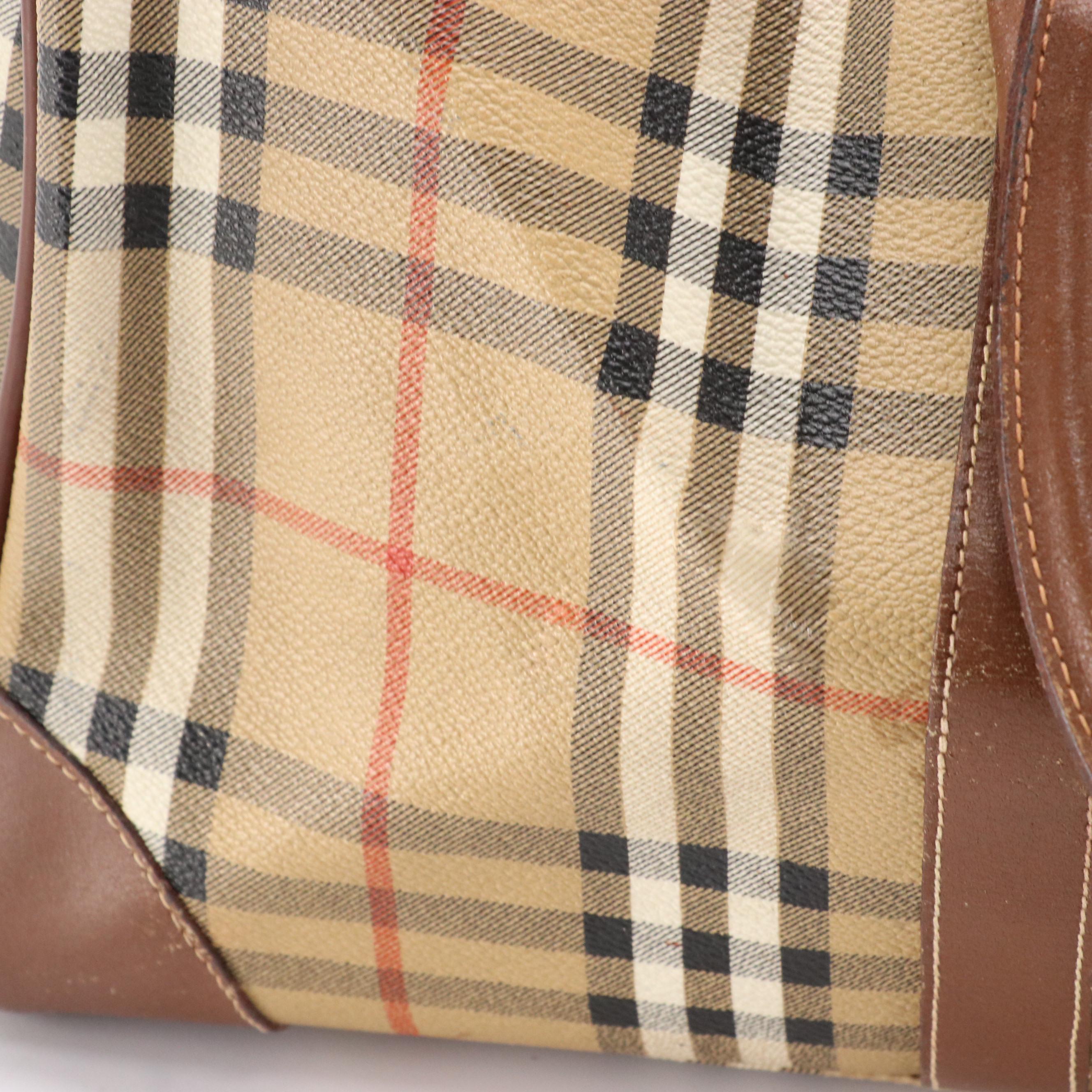 Burberrys Duffel Bag in Haymarket Check Canvas and Brown Leather