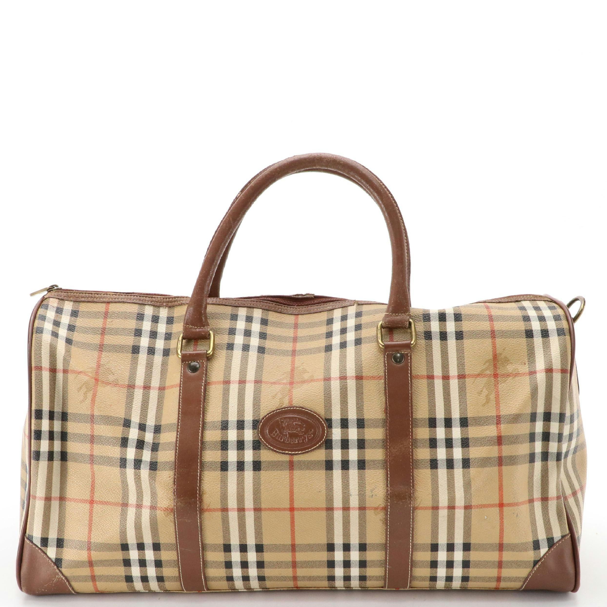 Burberrys Duffel Bag in Haymarket Check Canvas and Brown Leather