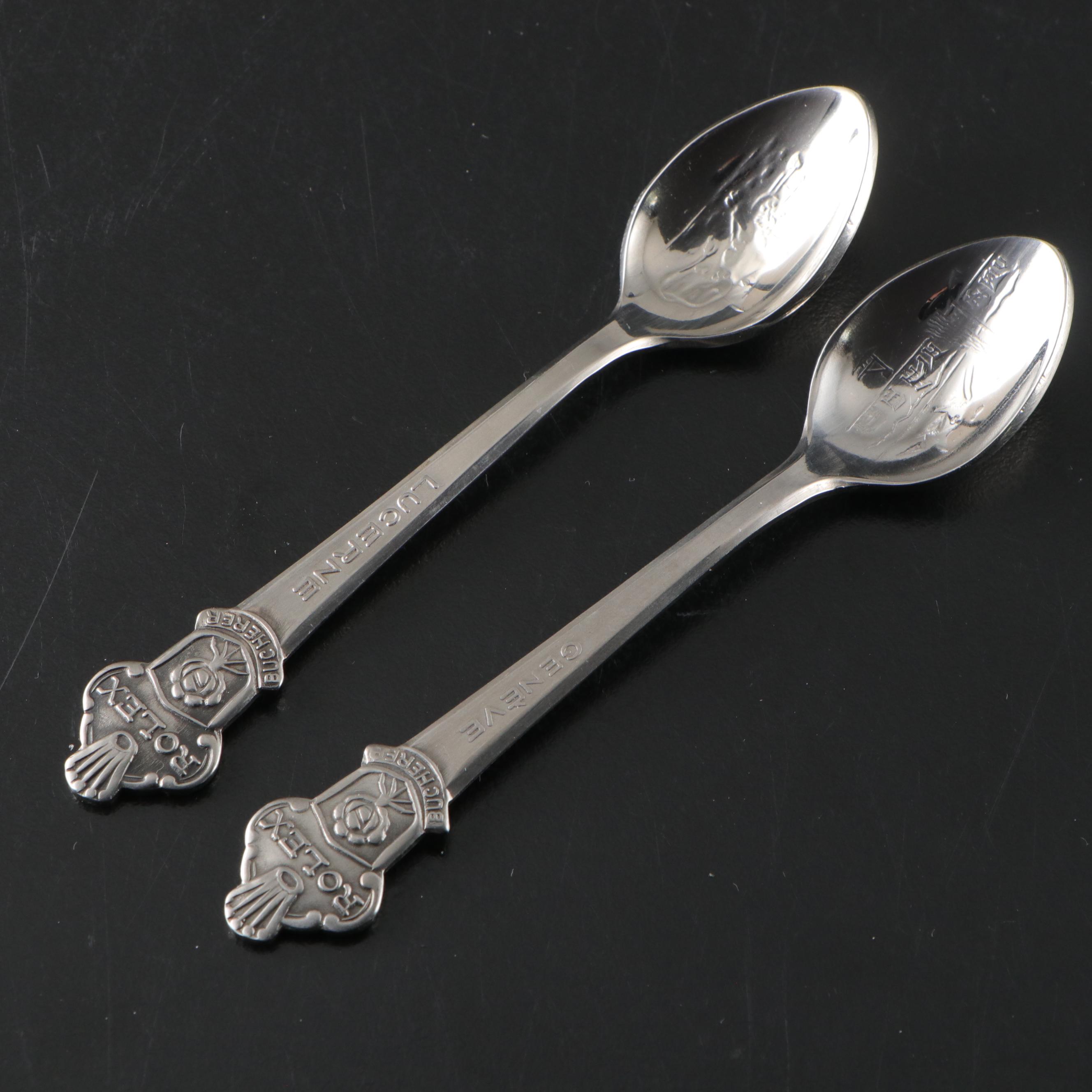 Swiss Rolex Bucherer Silver Plate and Other Metal Souvenir Spoons