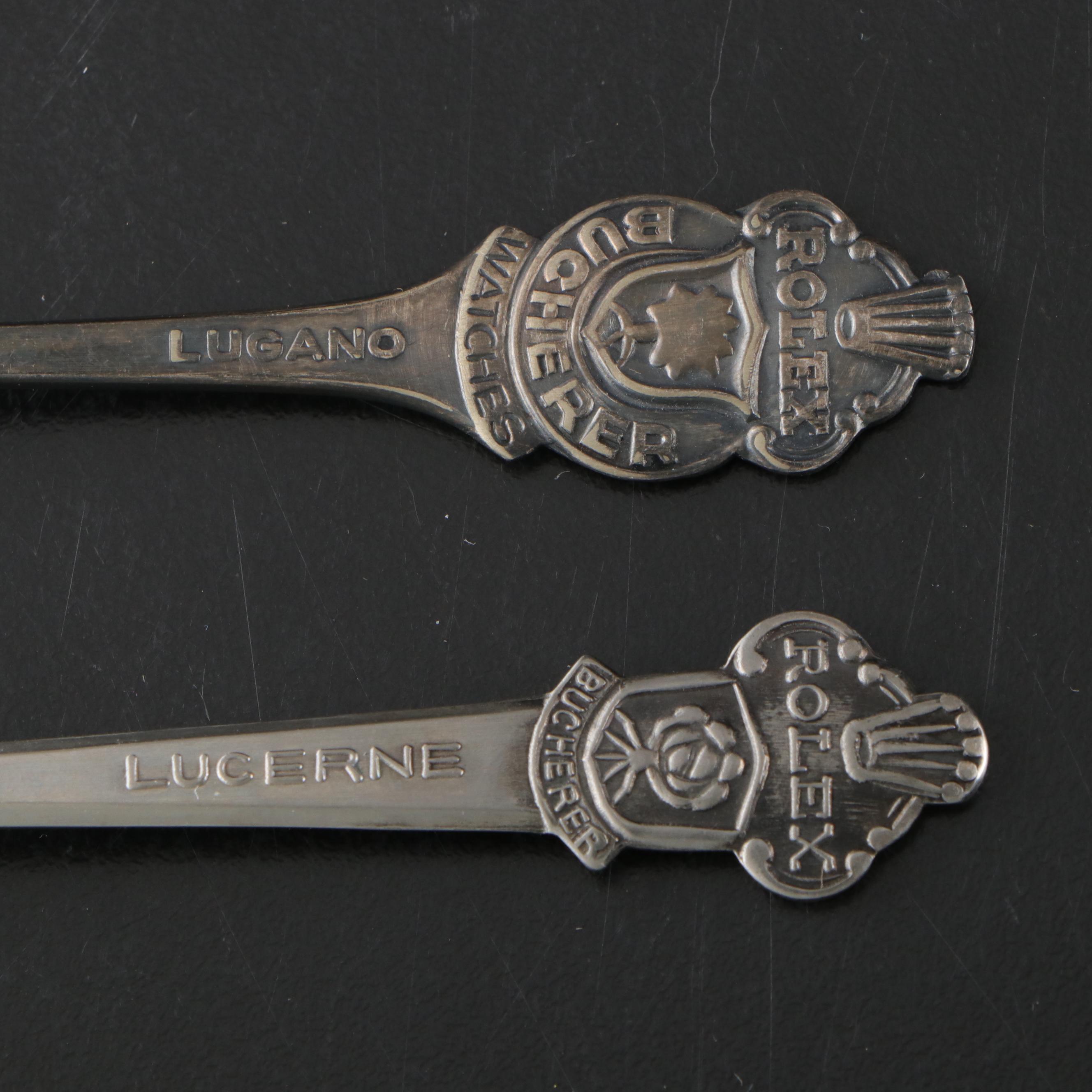 Swiss Rolex Bucherer Silver Plate and Other Metal Souvenir Spoons
