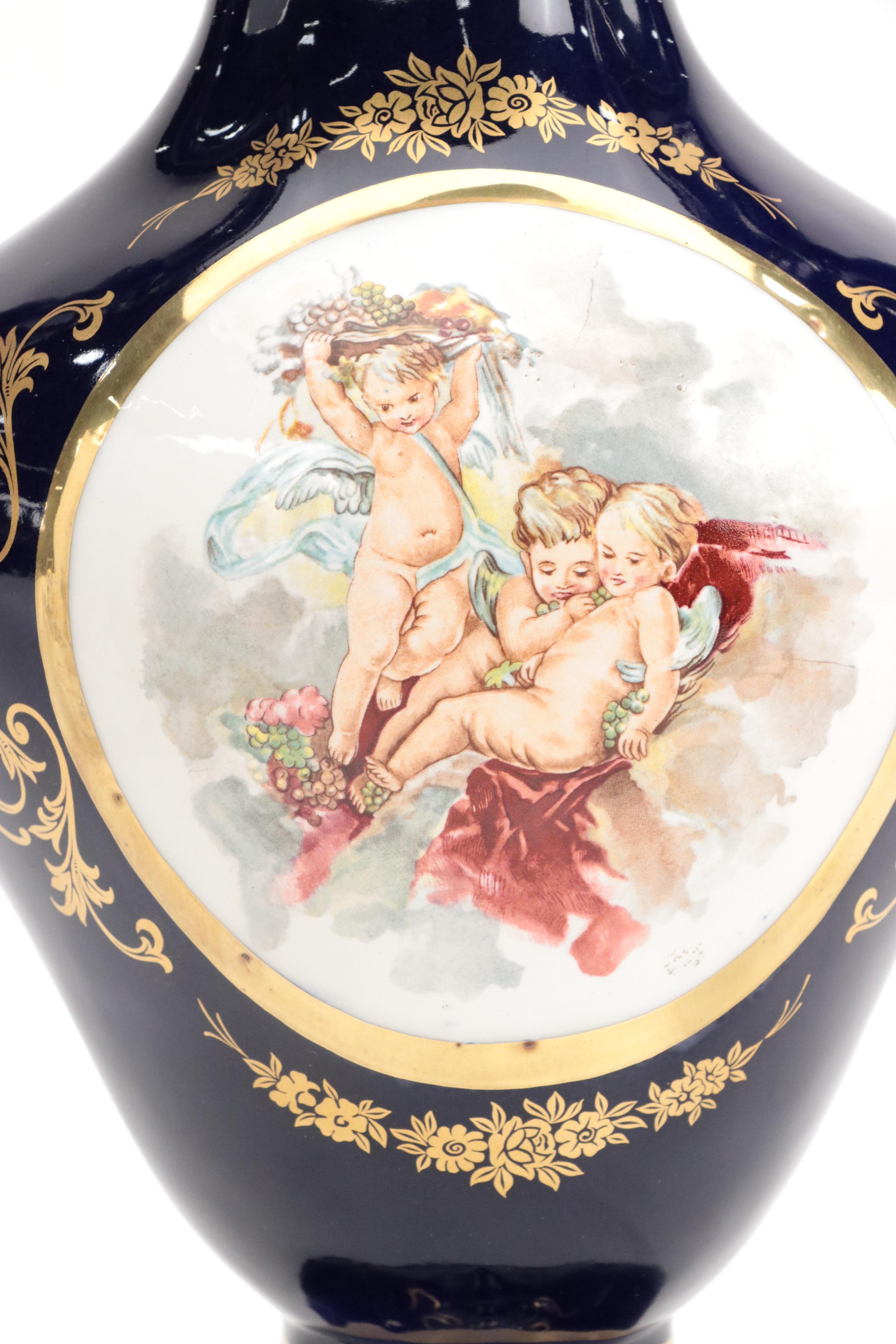 Keramos Cobalt Glaze Handled Vase with Figurines and Ginger Jar