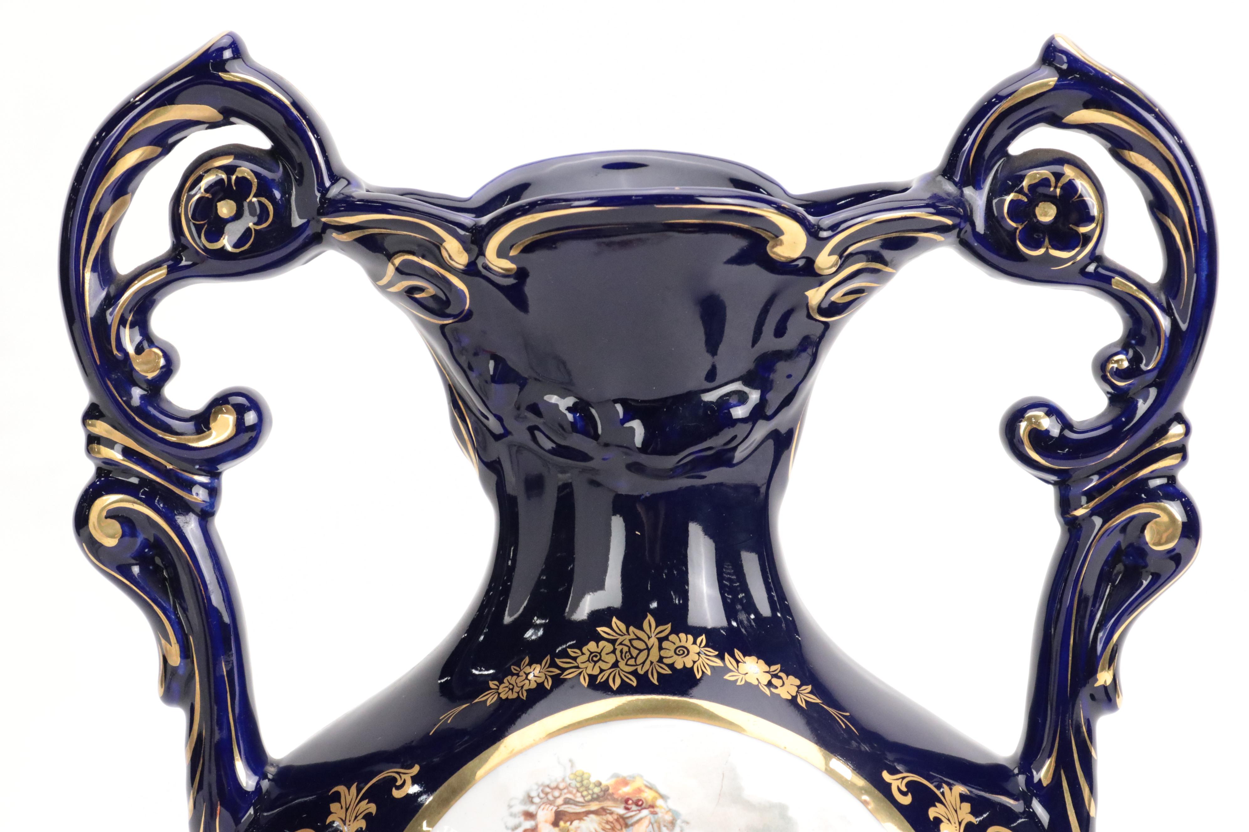 Keramos Cobalt Glaze Handled Vase with Figurines and Ginger Jar