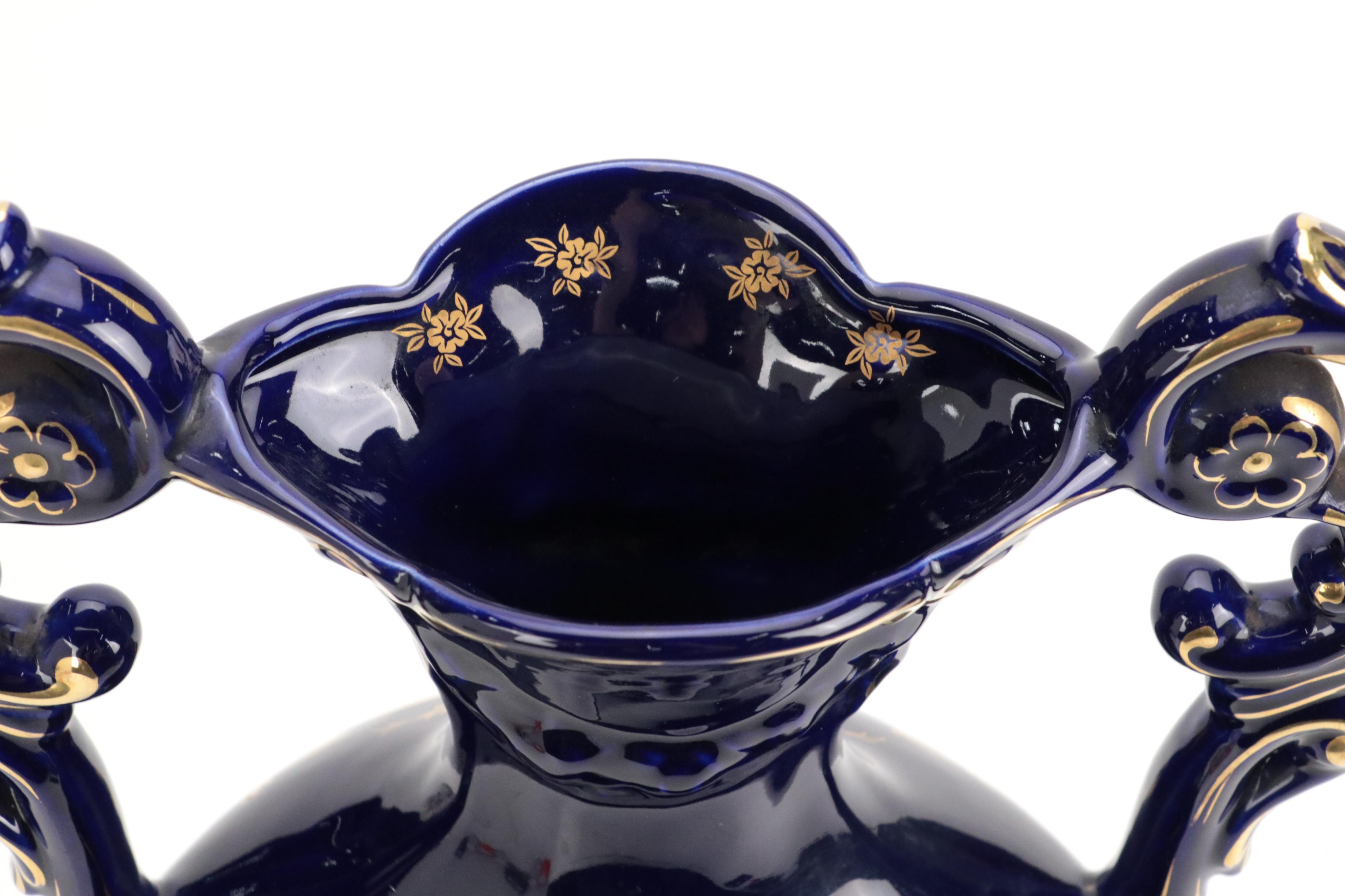 Keramos Cobalt Glaze Handled Vase with Figurines and Ginger Jar