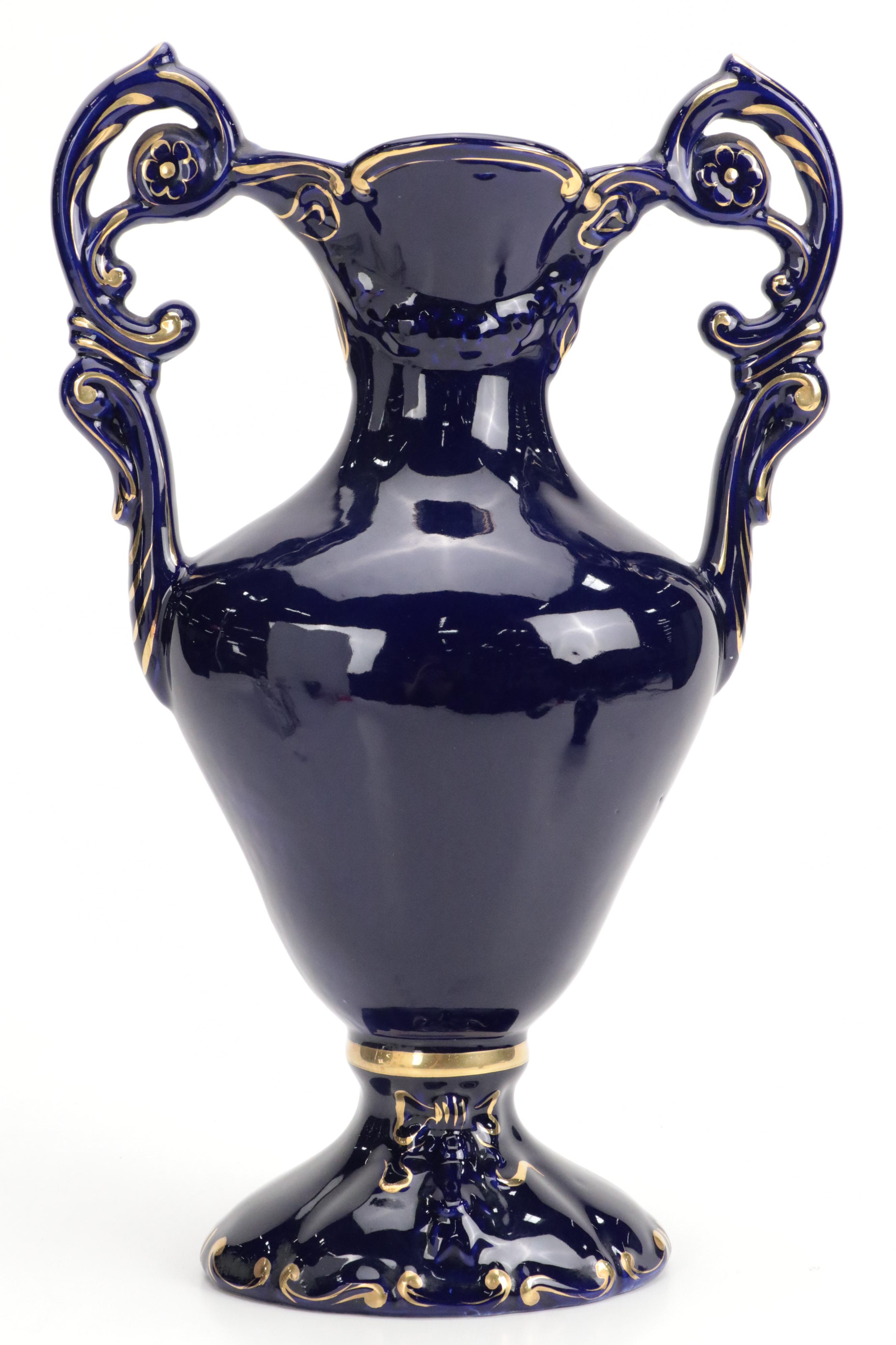 Keramos Cobalt Glaze Handled Vase with Figurines and Ginger Jar
