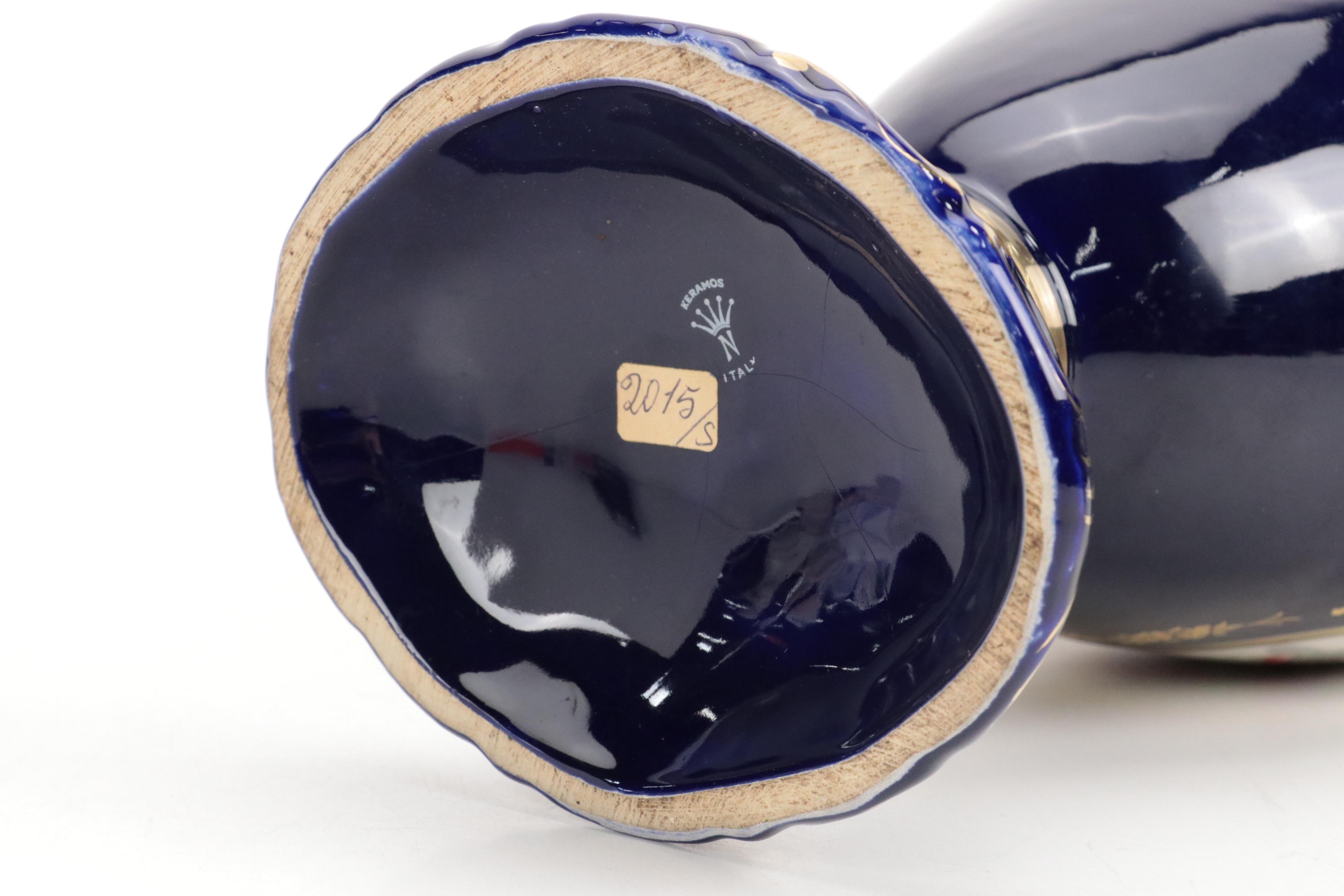 Keramos Cobalt Glaze Handled Vase with Figurines and Ginger Jar