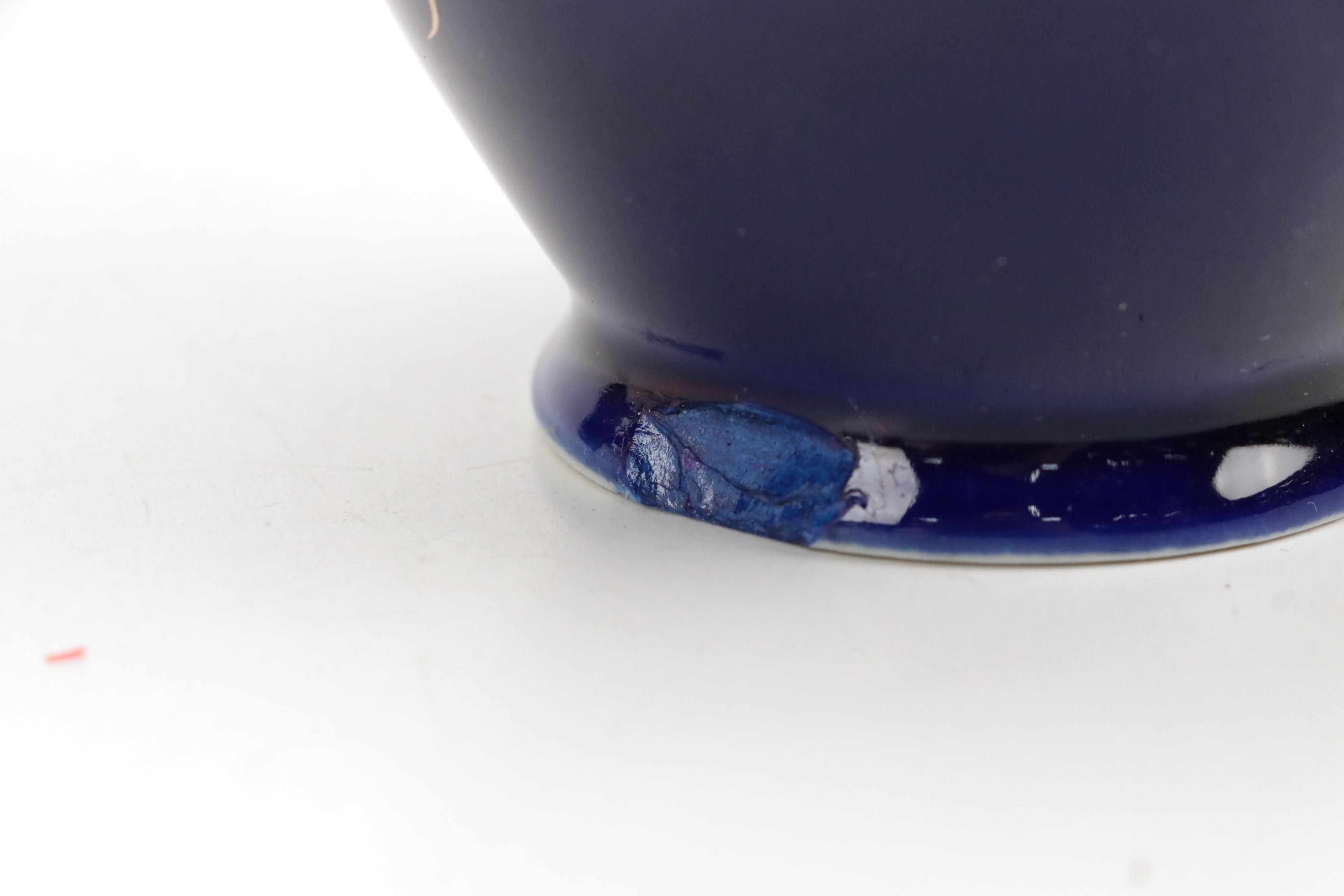 Keramos Cobalt Glaze Handled Vase with Figurines and Ginger Jar