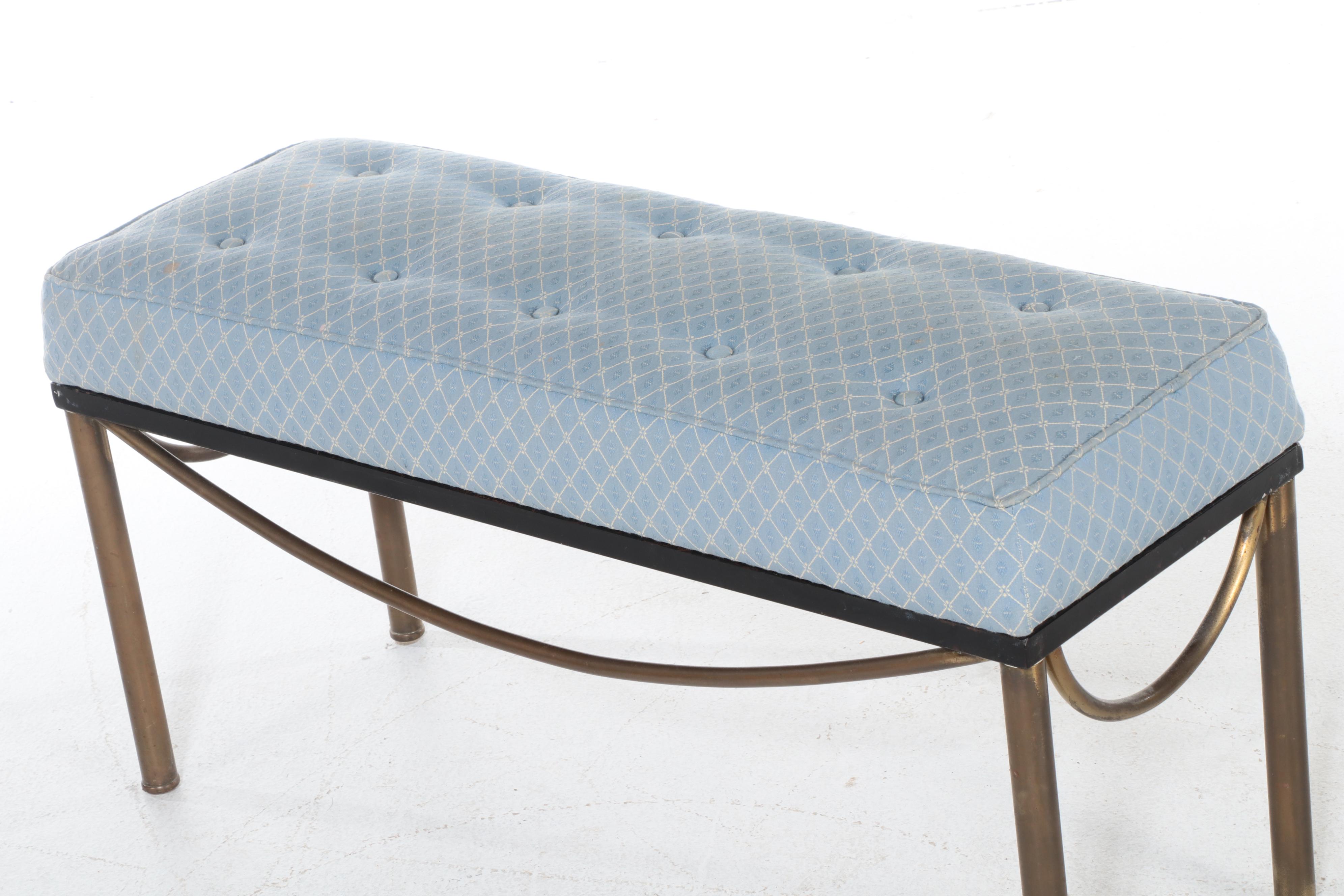 Tubular Brass, Iron, and Button-Tufted Bench, Late 20th Century