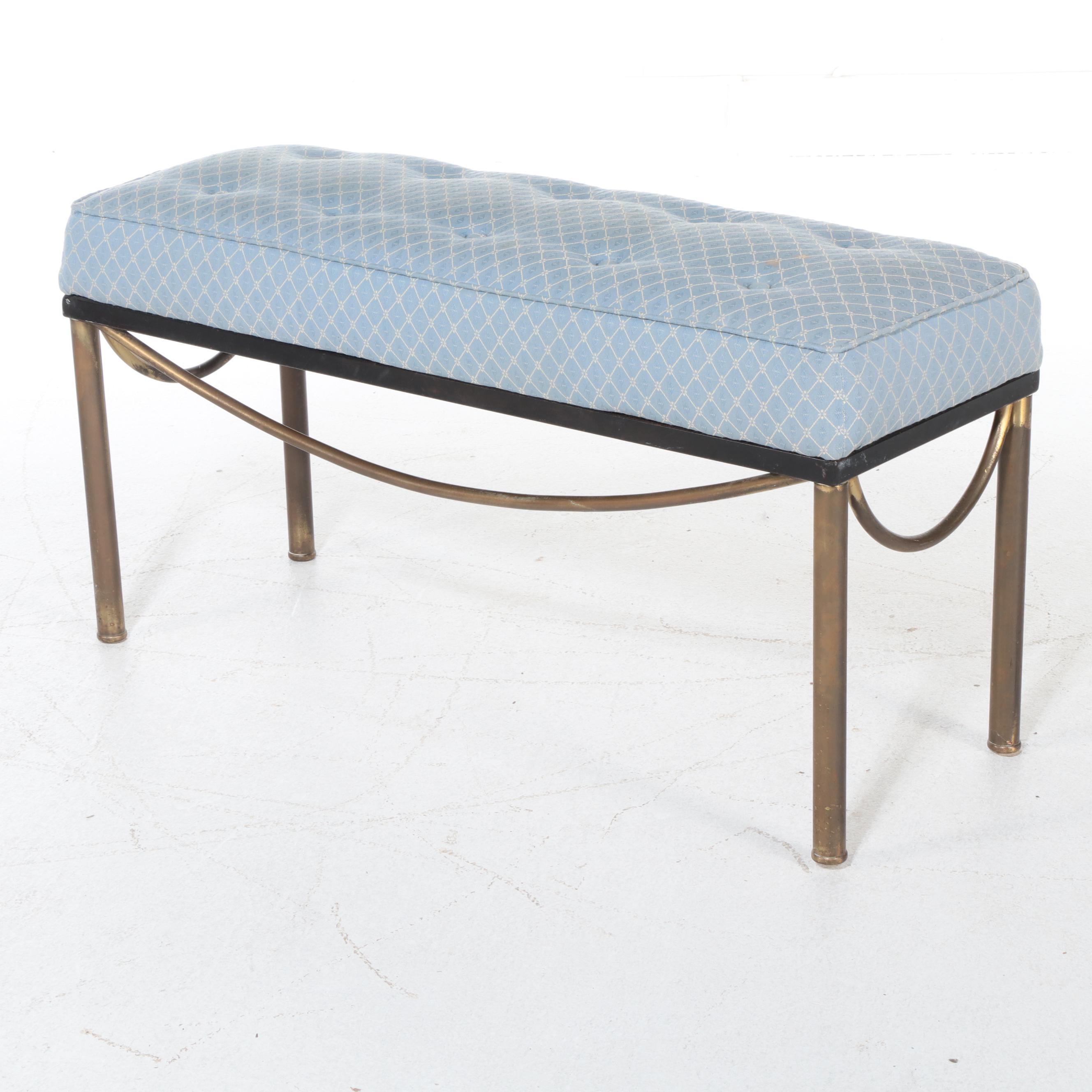 Tubular Brass, Iron, and Button-Tufted Bench, Late 20th Century