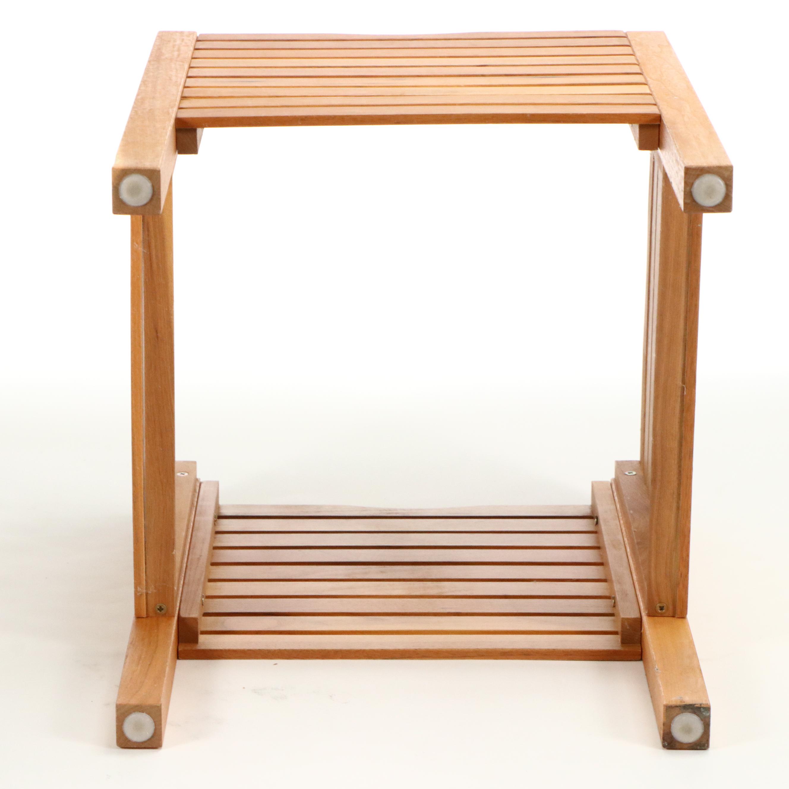 Teak Folding Table with IKEA "Molger" Storage Bench and Metal Chair