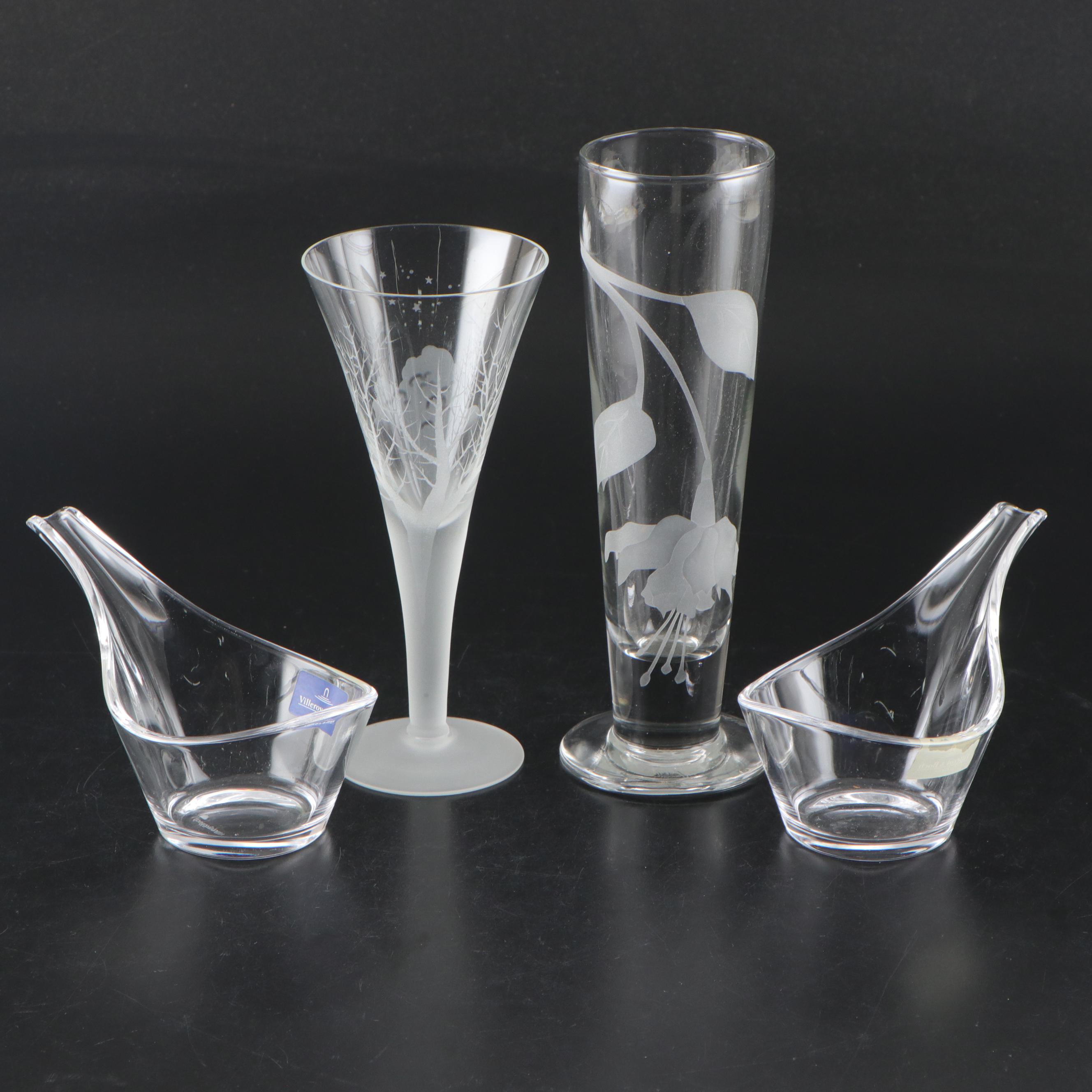 Villeroy & Boch Sauce Glass Boats with Etched Glass Flute and Vase