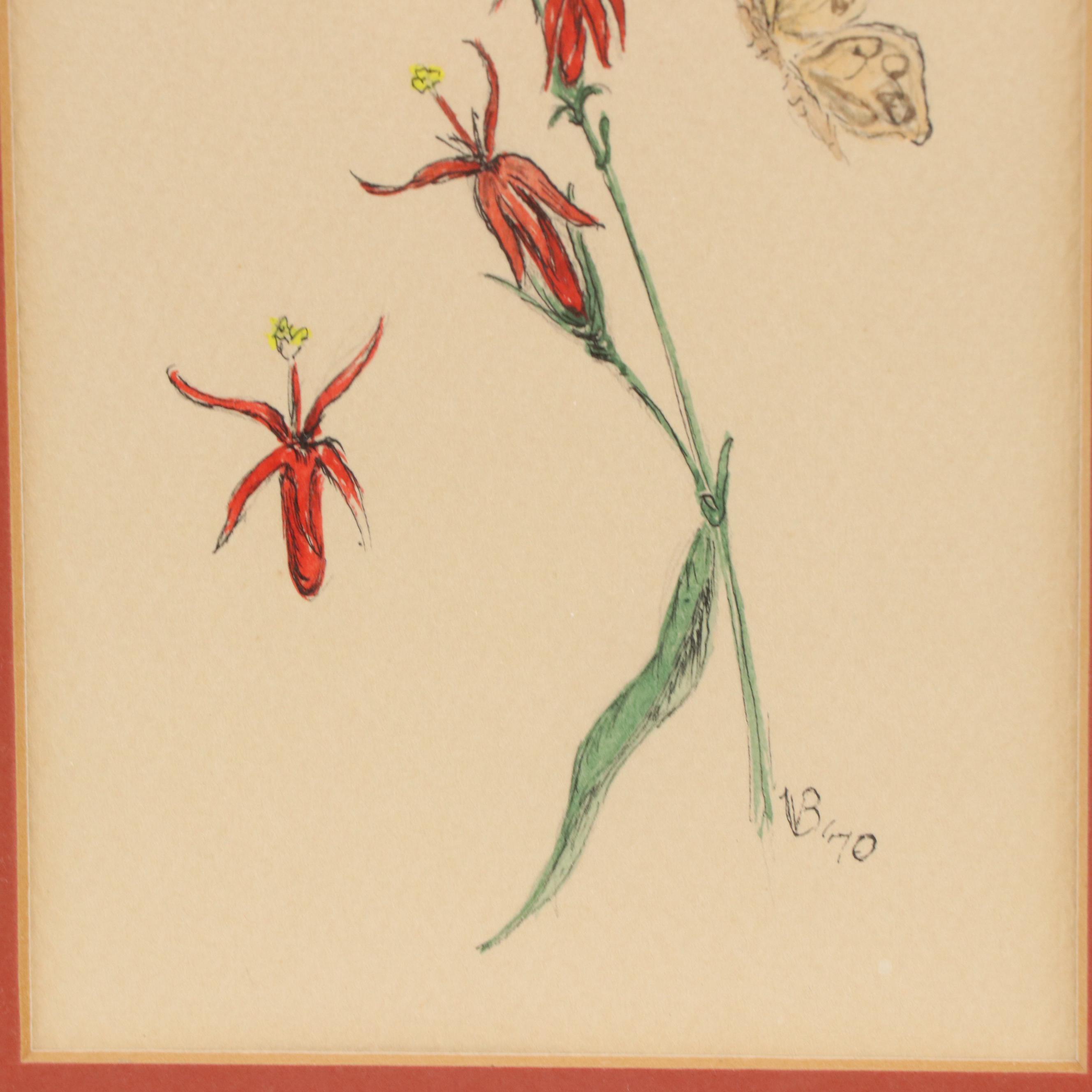 Venita B. Blevins Floral Ink and Watercolor Painting, 1970