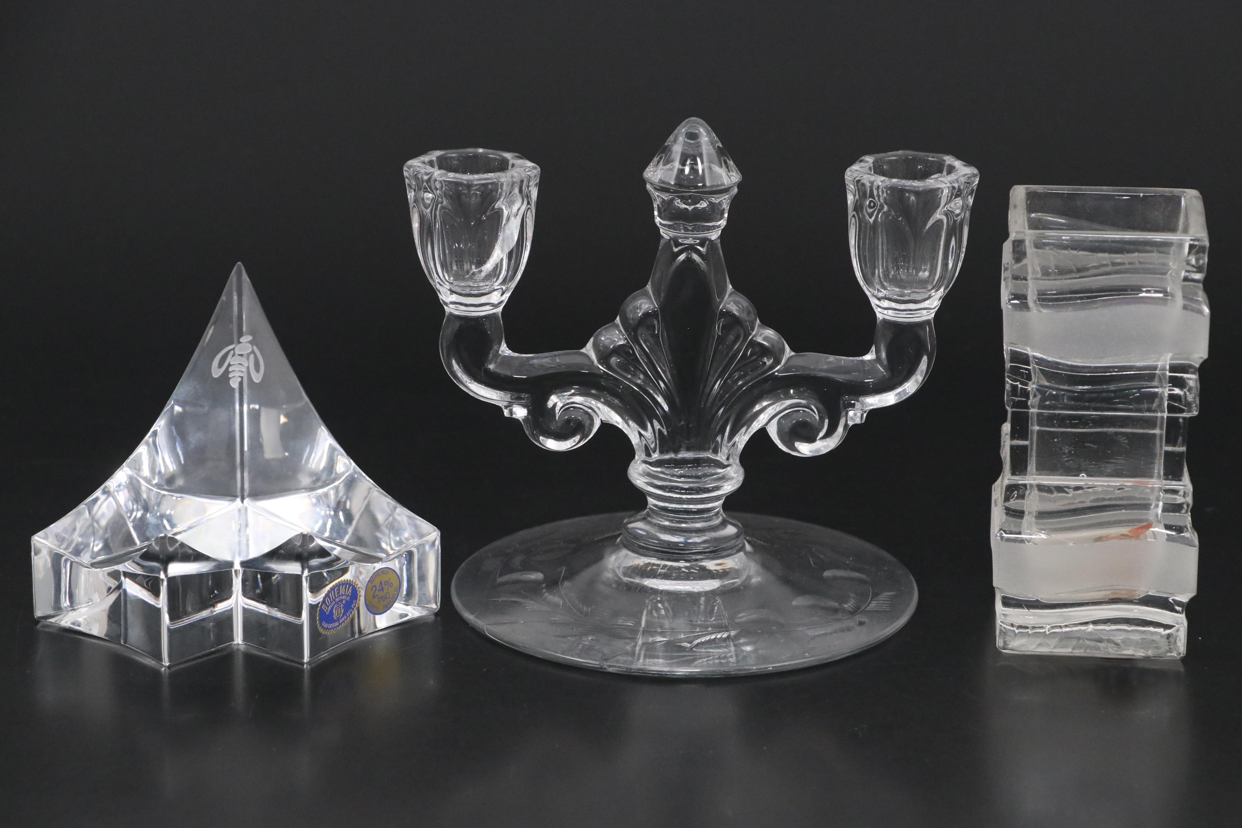 Heisey Glass Trident Candlestick with Other Candle Holders and Table Décor