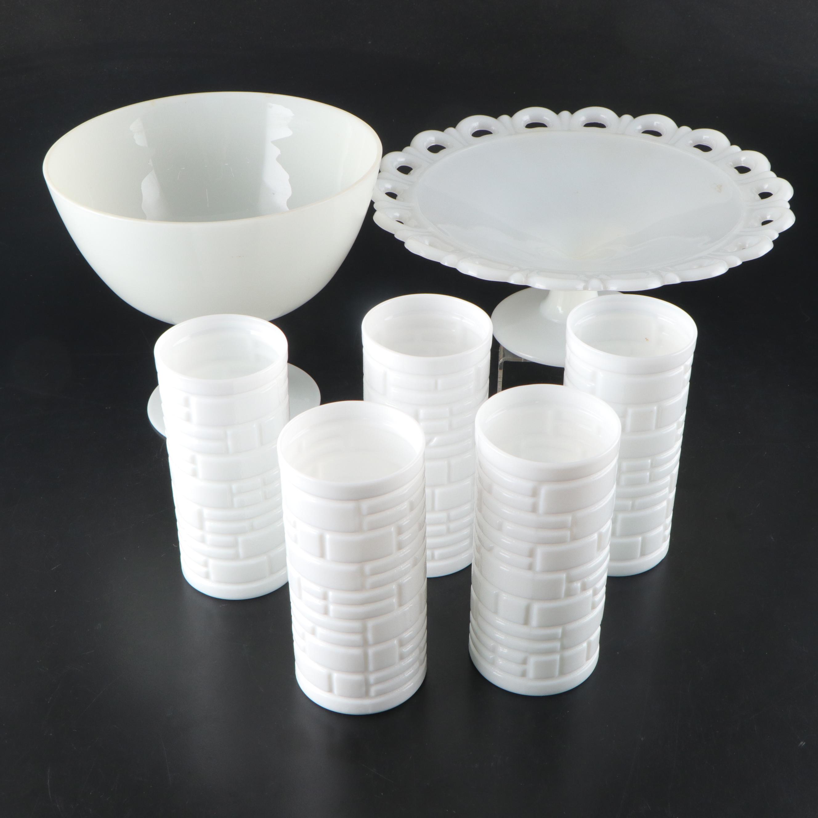 Imperial Glass Milk Glass Vases with Anchor-Hocking Milk Glass Compote and More