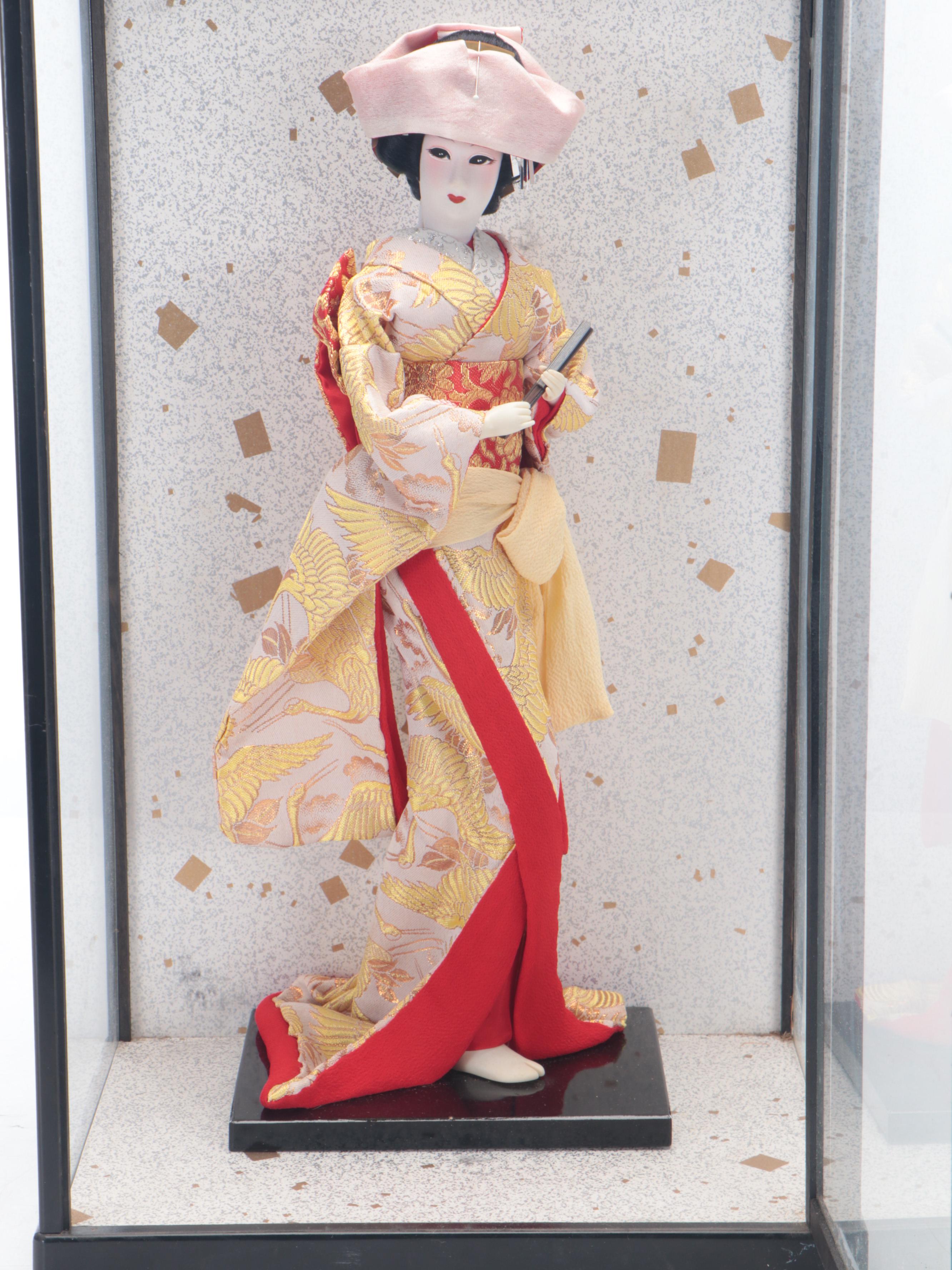 Japanese Composition Geisha Doll in Wood and Glass Display Case