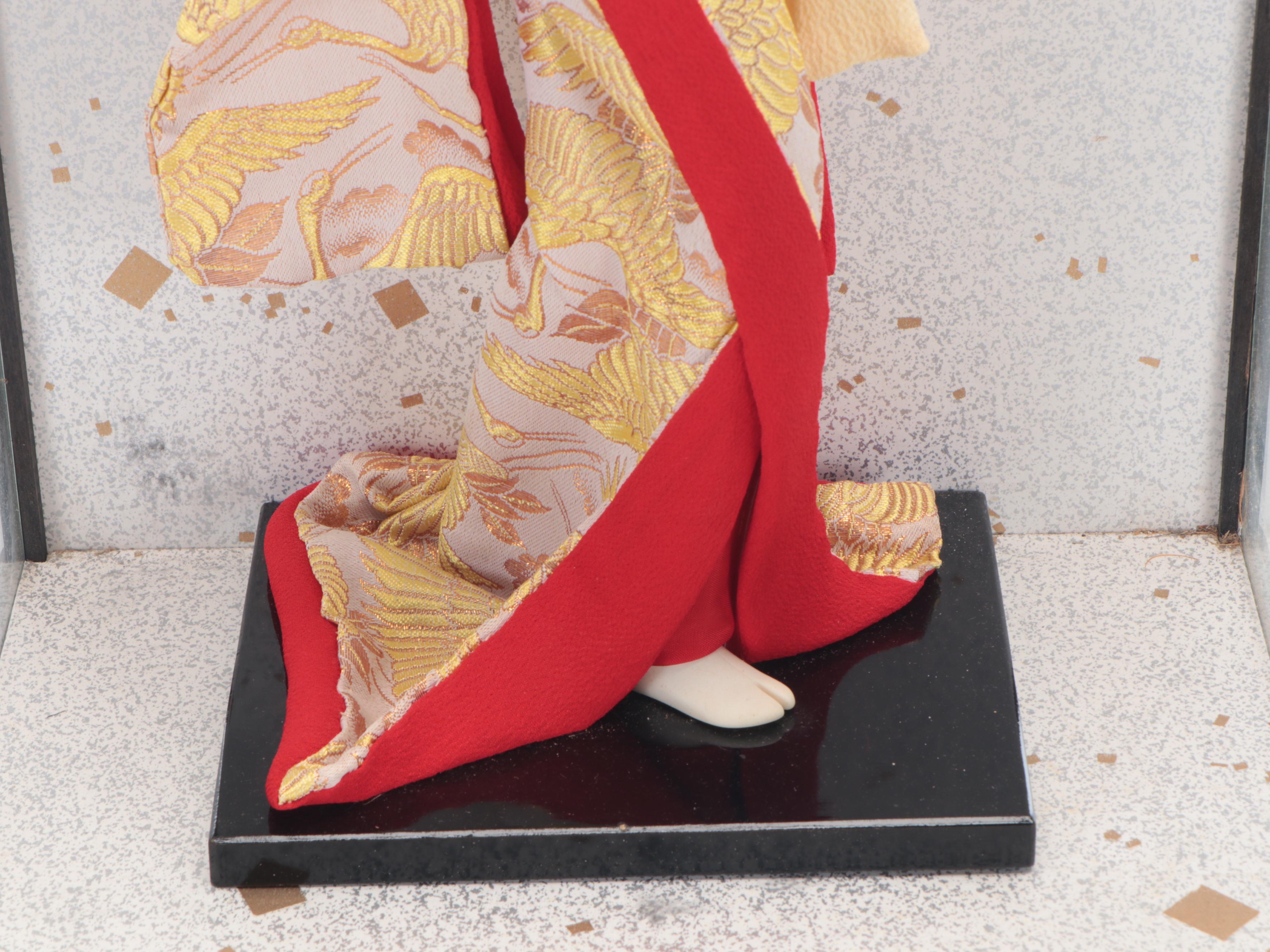 Japanese Composition Geisha Doll in Wood and Glass Display Case