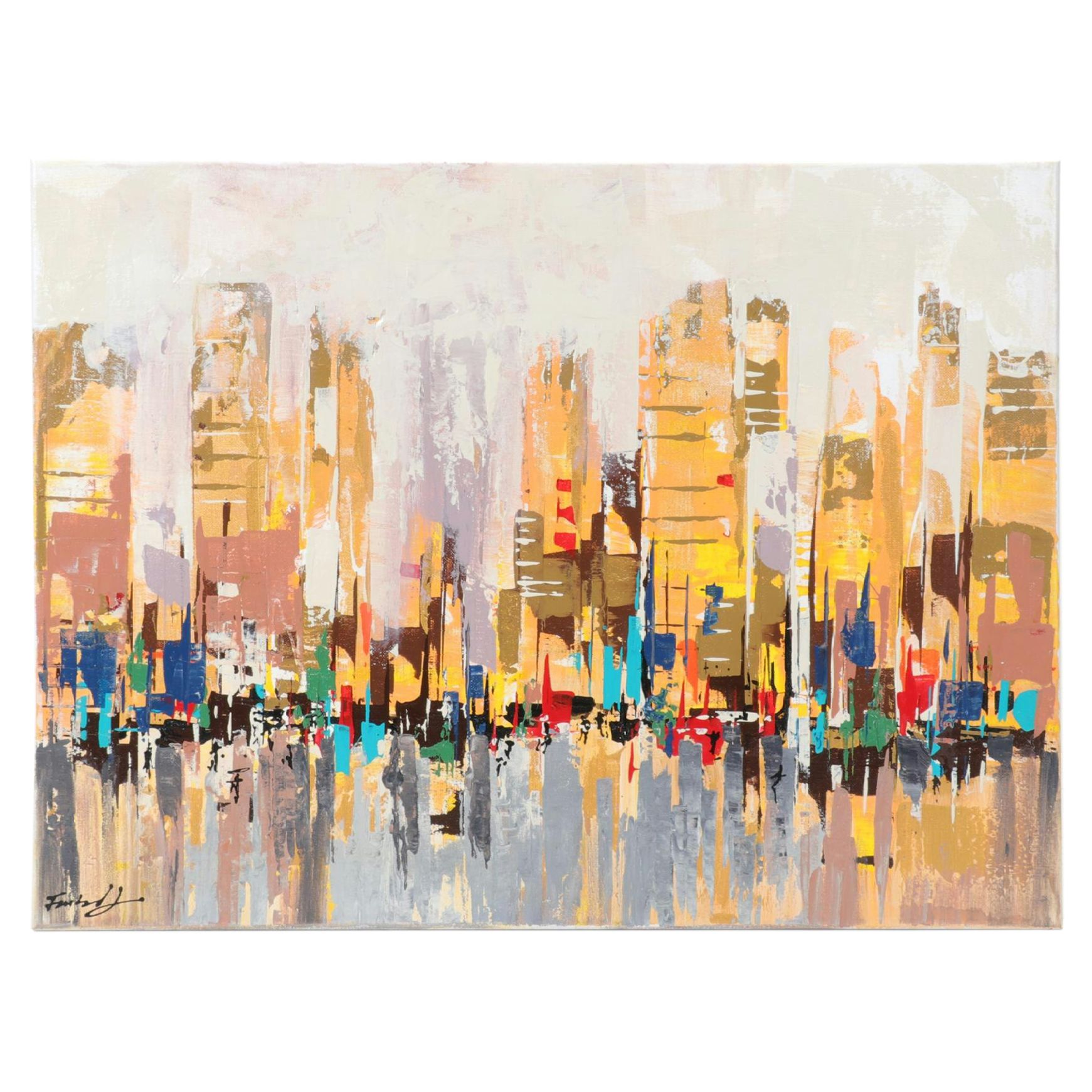 Farshad Lanjani Acrylic Painting of City Street Scene, 21st Century