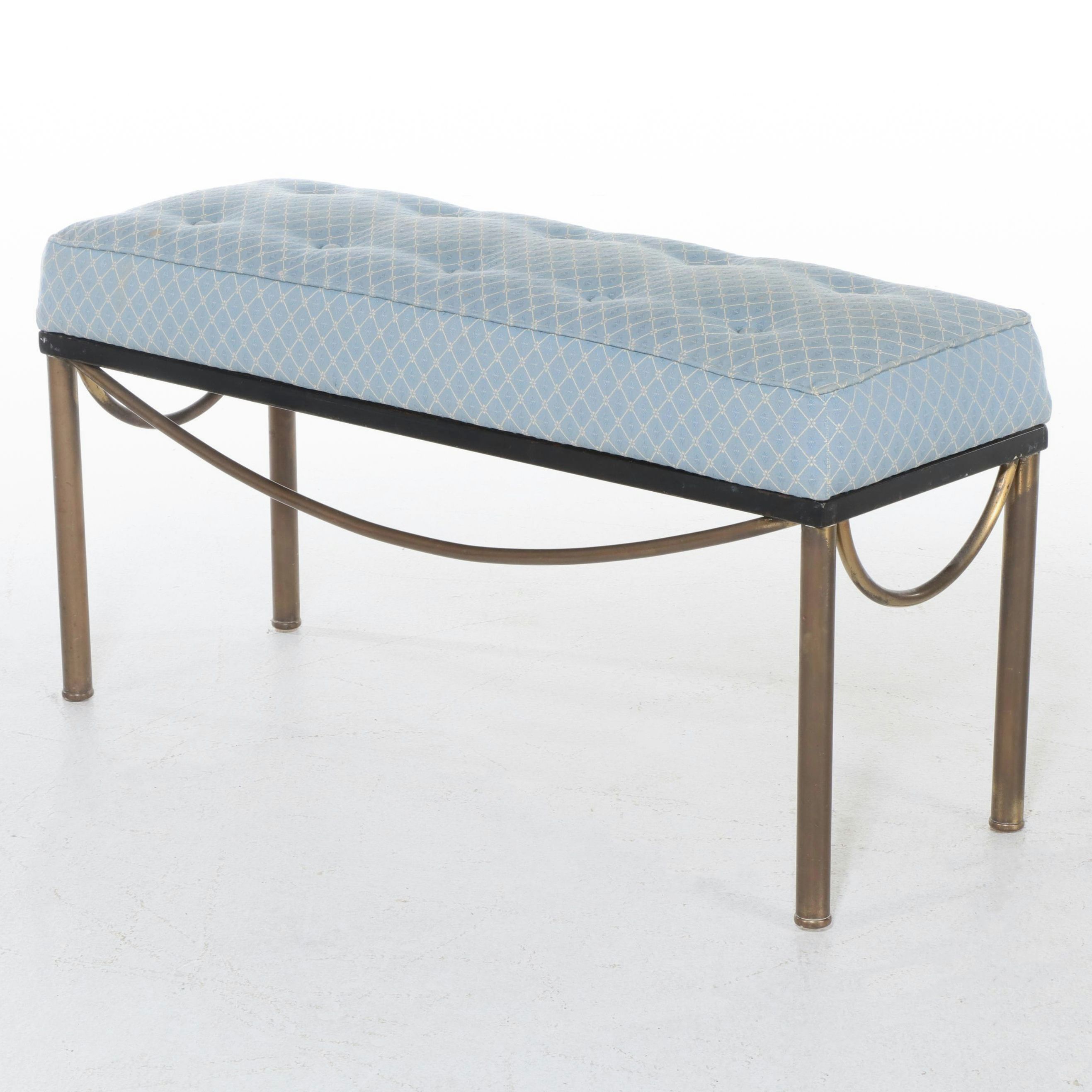 Tubular Brass, Iron, and Button-Tufted Bench, Late 20th Century