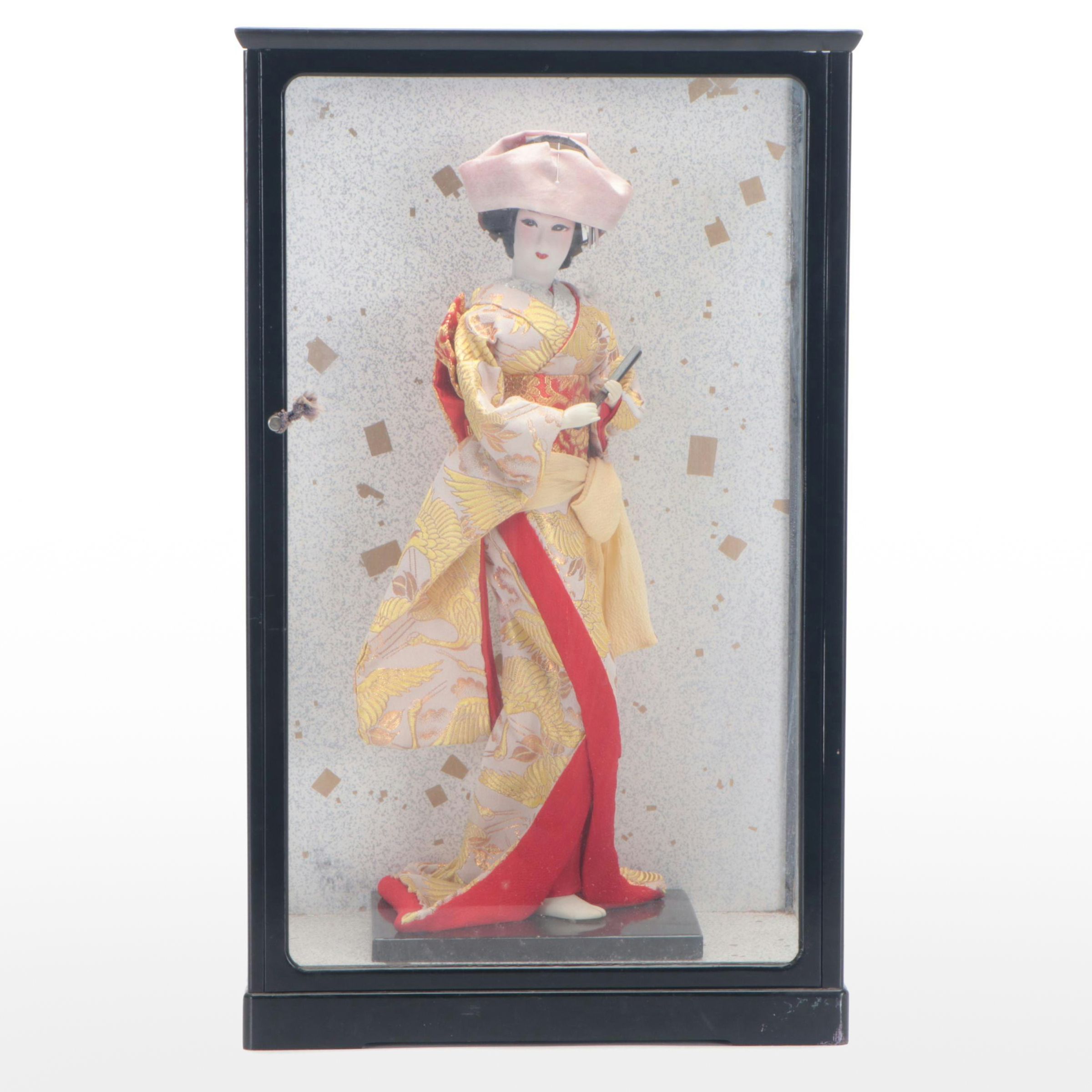 Japanese Composition Geisha Doll in Wood and Glass Display Case