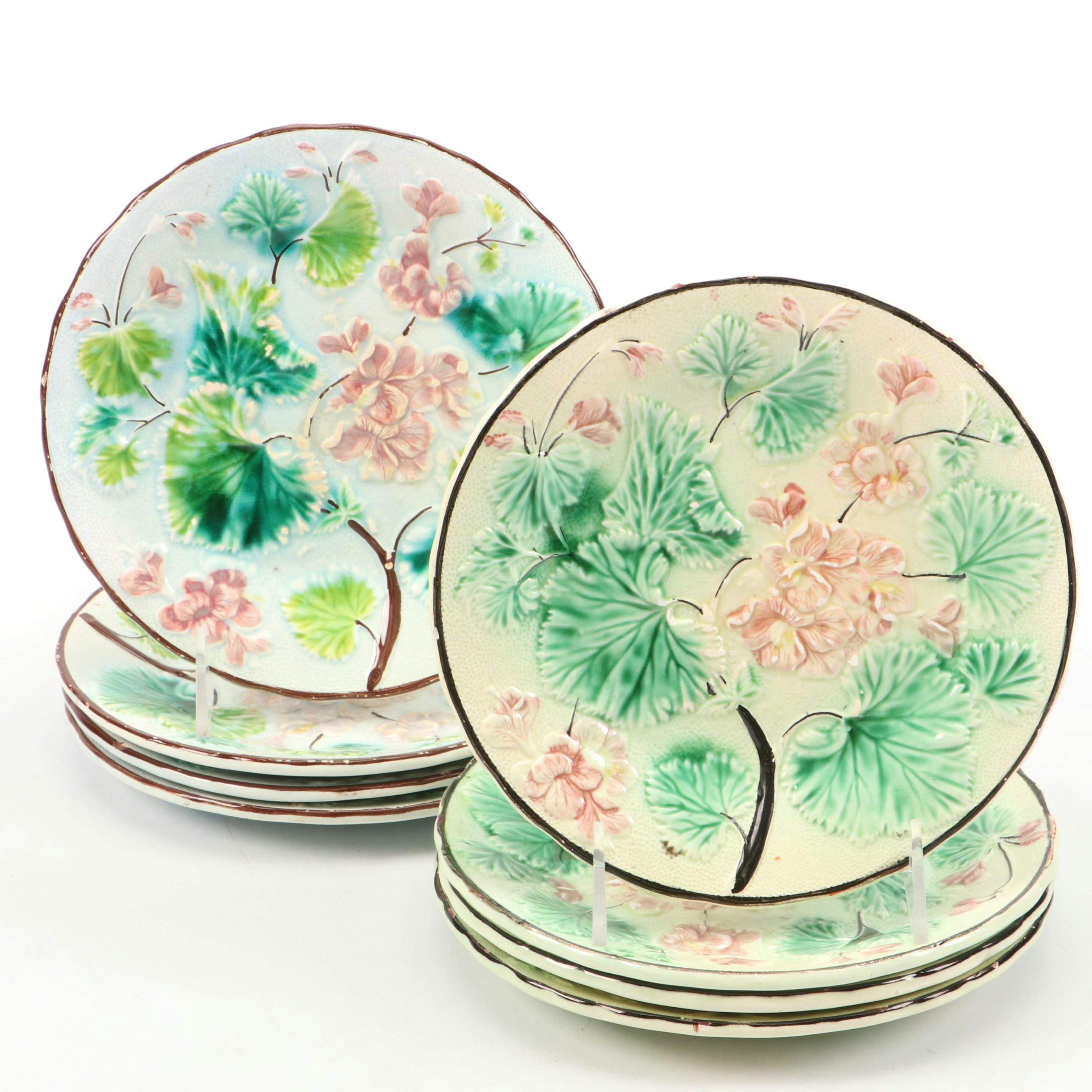 Victorian German Majolica Geranium and Leaves Plates, Late 19th/ Early 20th C.
